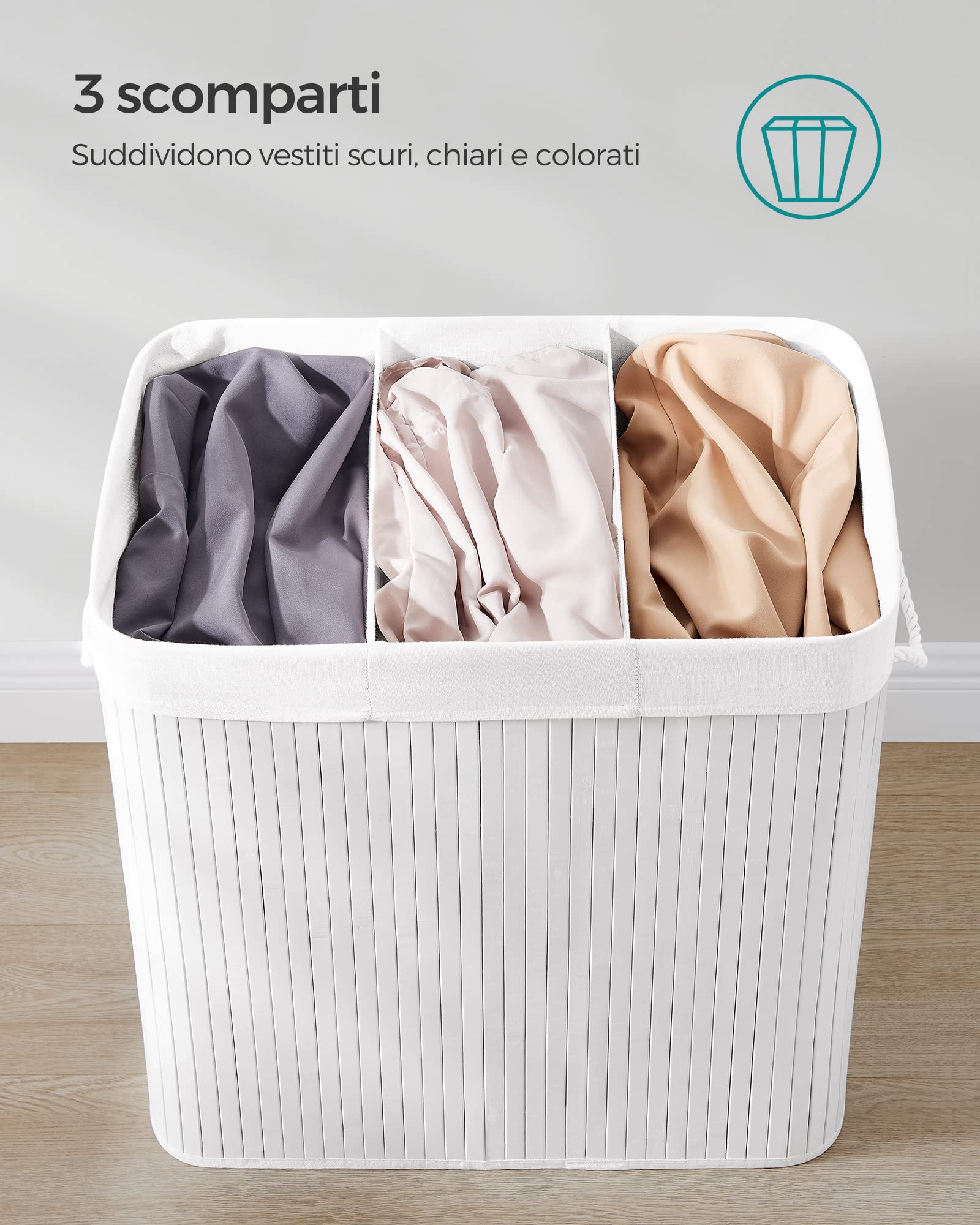 Songmics LCB091W01 cesto portabiancheria bambù bianco 150 L