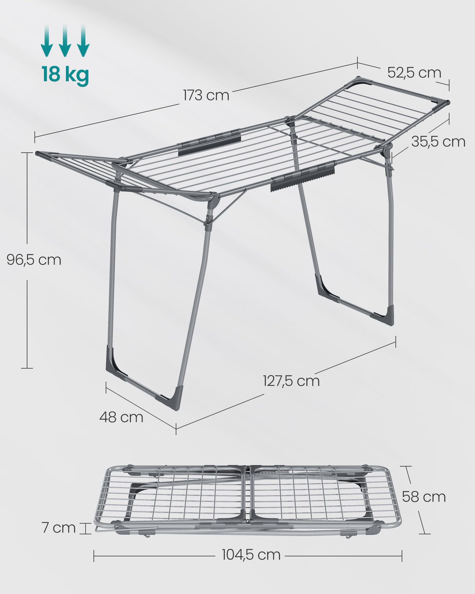 Songmics LLR518G01 stendibiancheria Grigio Tortora 18 m con ali
