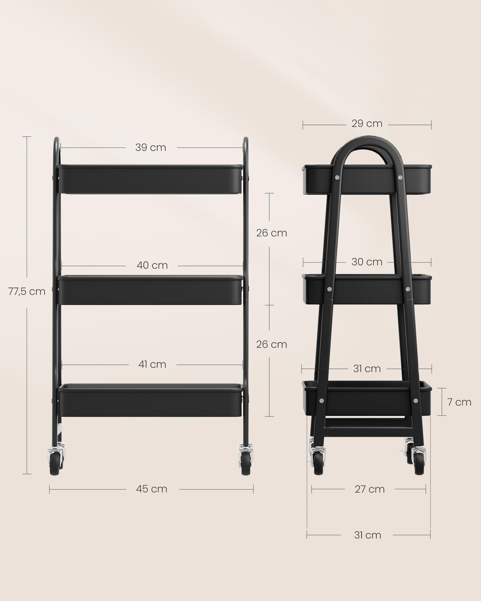 Songmics BSC068B01 Carrello Cucina Nero 3 Livelli con Ruote