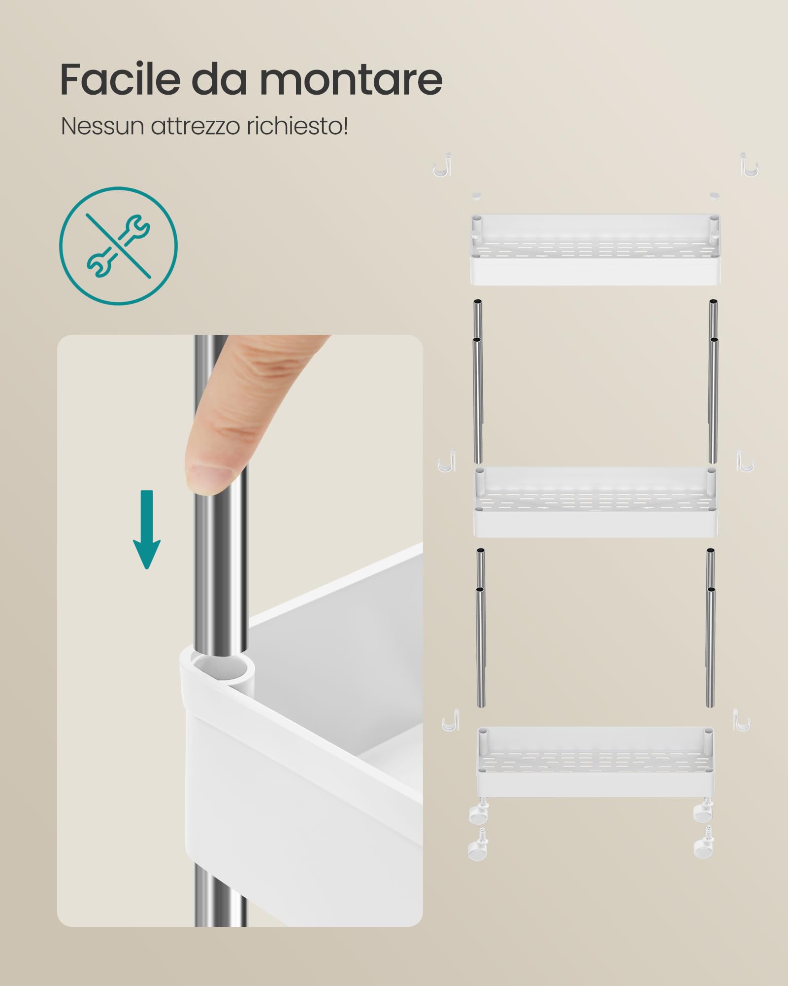 Songmics KSC007W01 carrello 3 ripiani Bianco Nuvola salvaspazio
