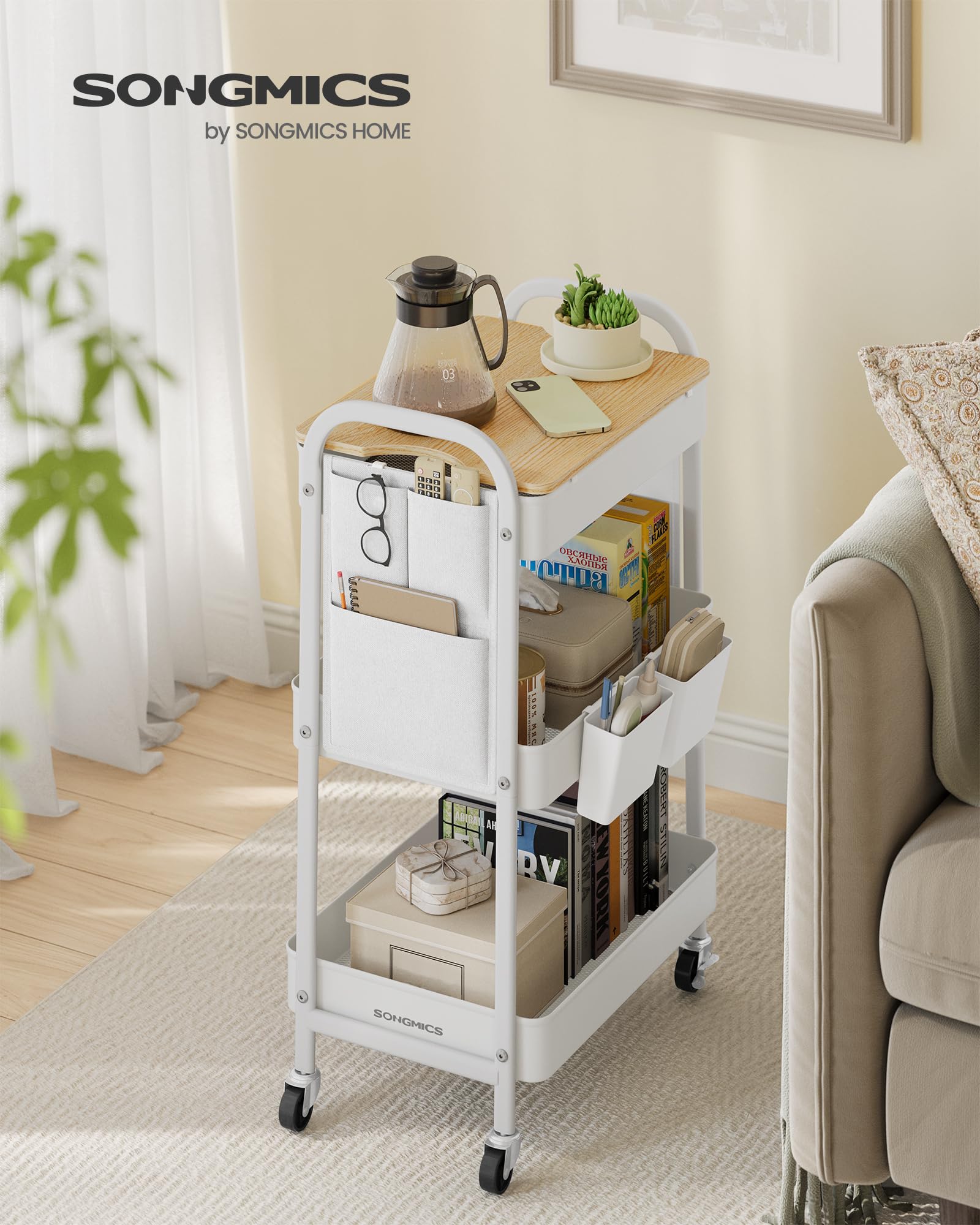 Songmics LRC036W01 carrello 3 ripiani bianco nuvola con ruote