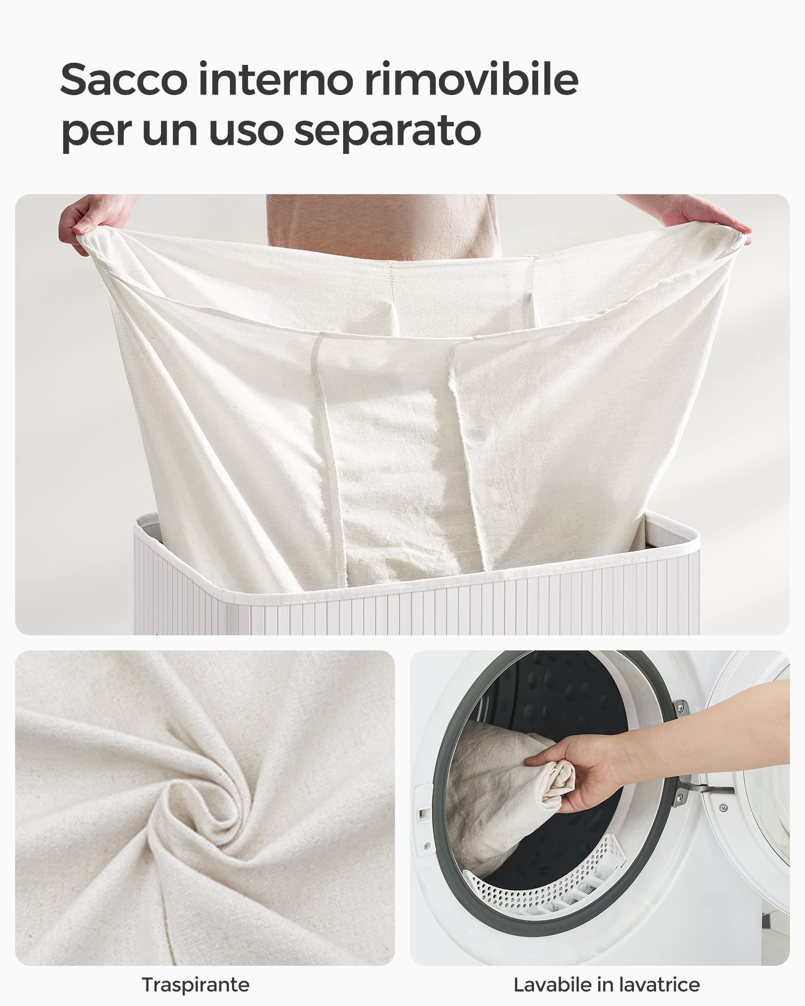 Songmics LCB091W01 cesto portabiancheria bambù bianco 150 L