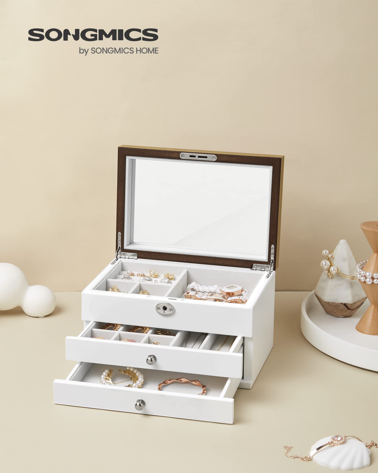 Songmics JOW15WN scatola portagioie bianco legno con specchio