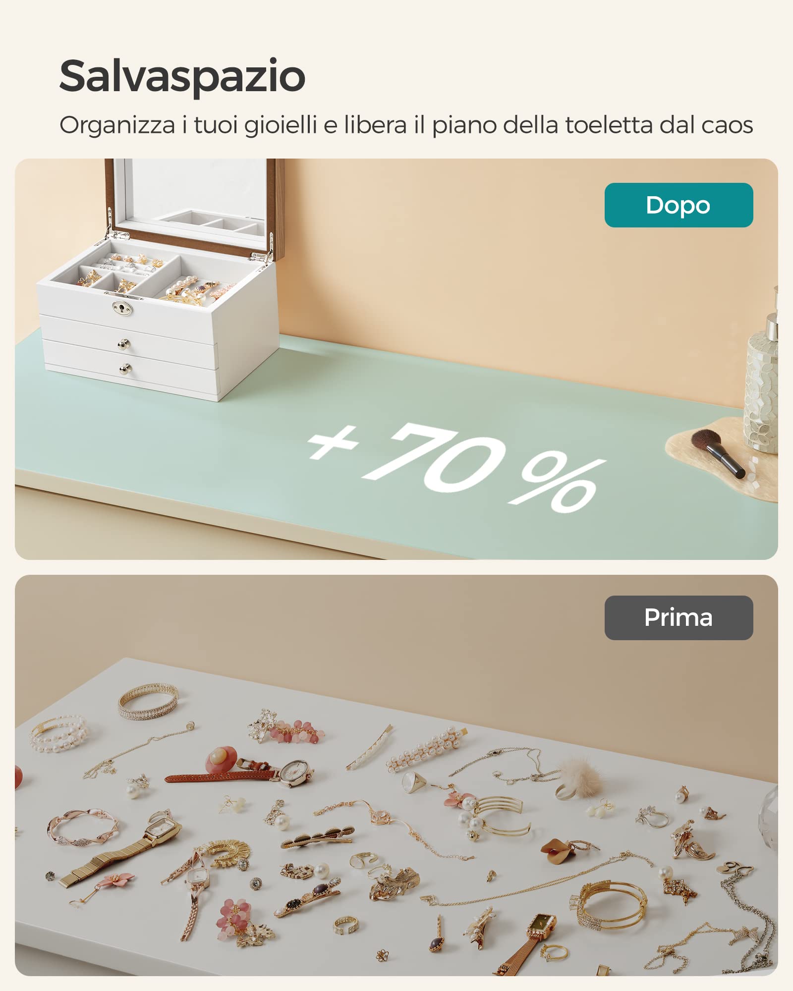 Songmics JOW15WN scatola portagioie bianco legno con specchio