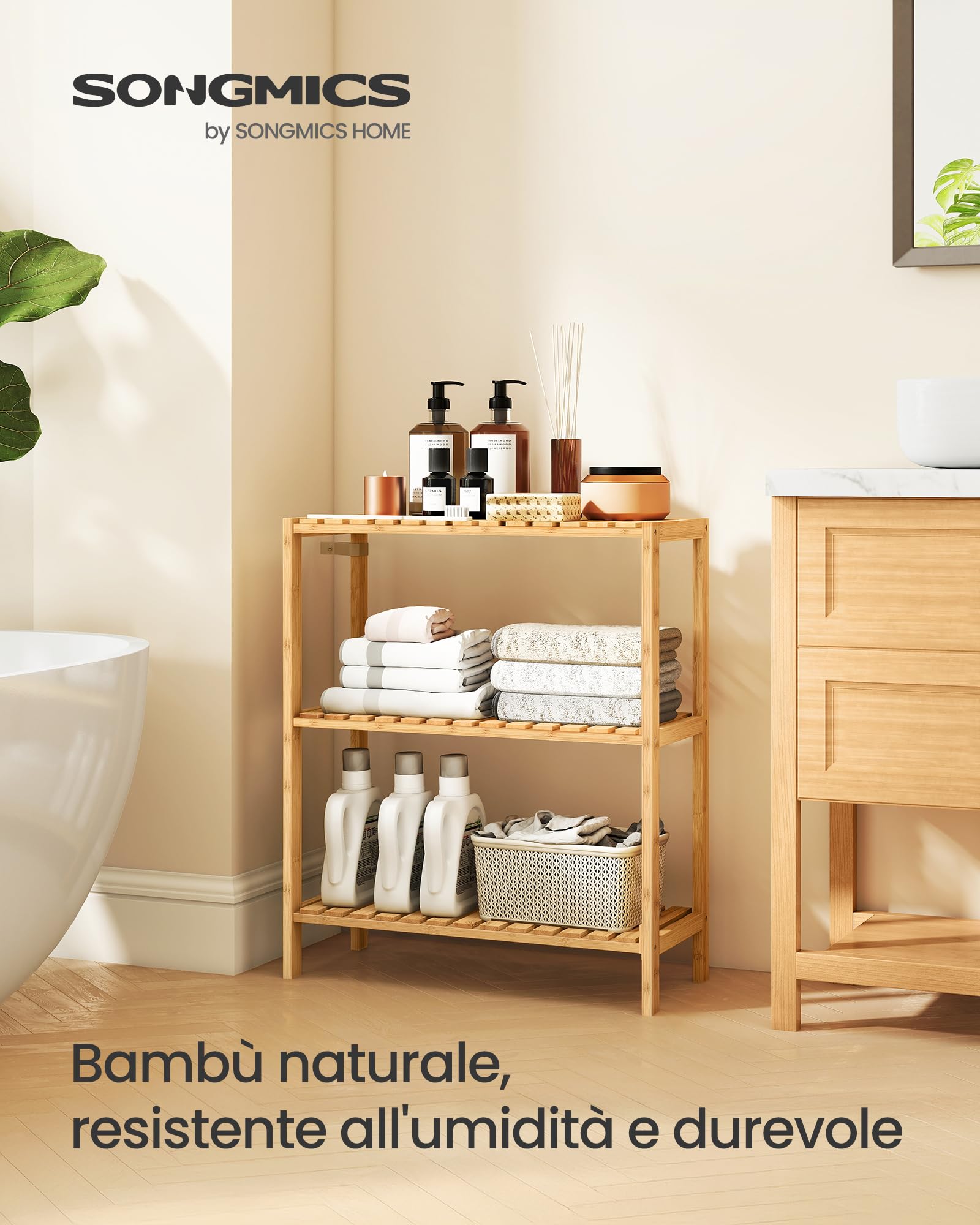 Songmics BCB33Y Scaffale Bambù 3 Ripiani 60x26x66 Beige