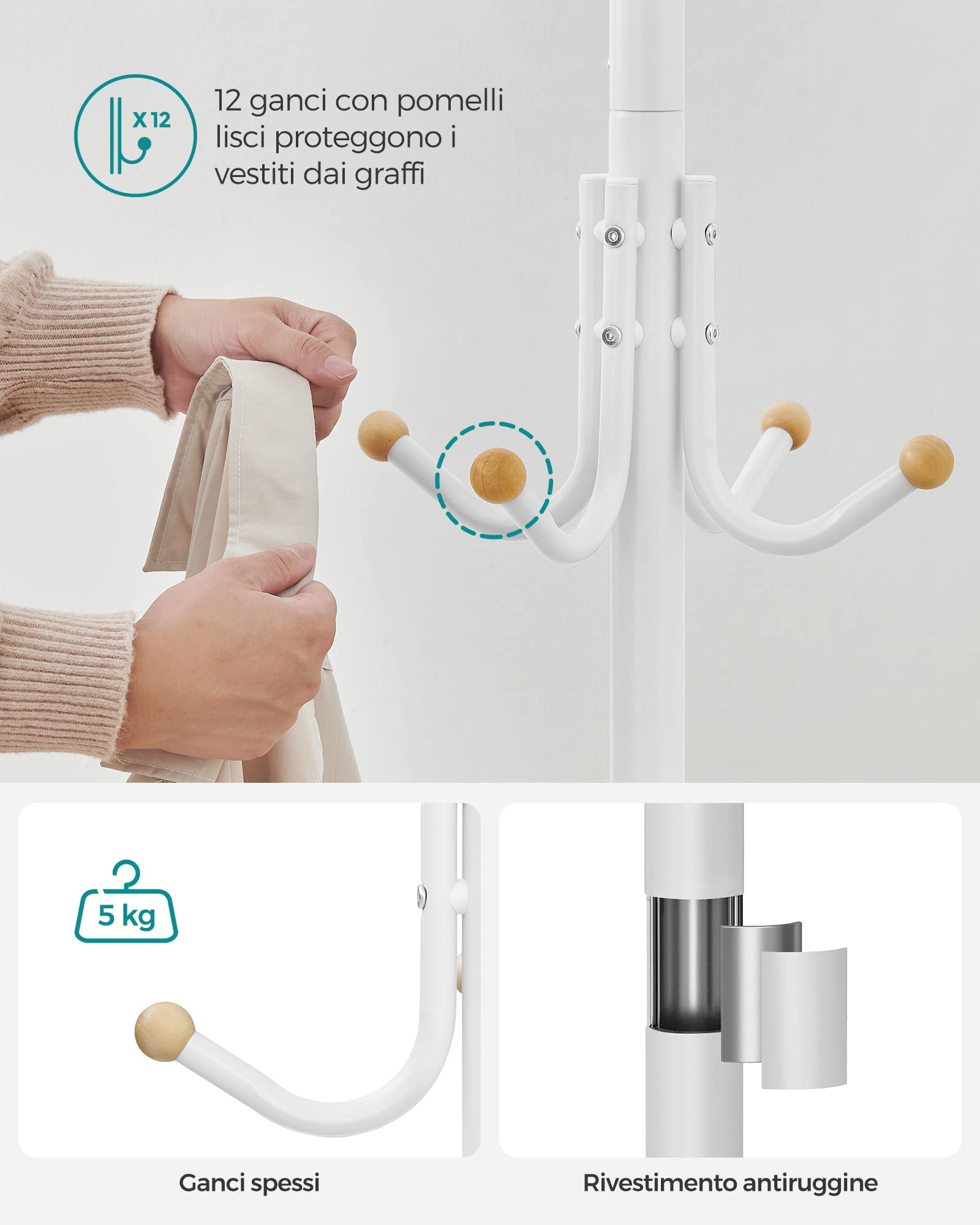 Songmics RCR031W01 Appendiabiti da Terra Bianco 12 Ganci