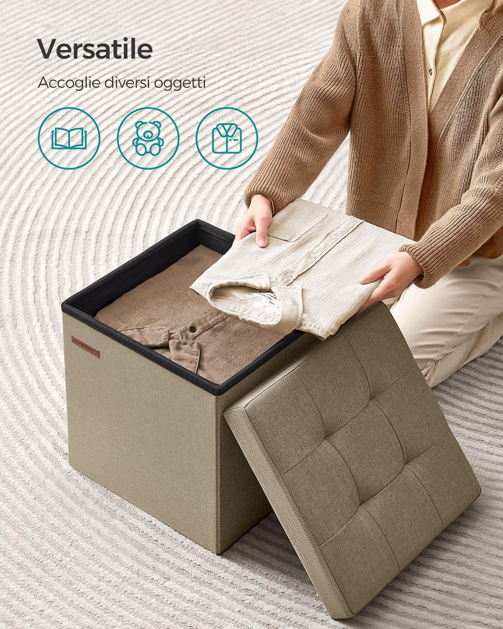 Songmics LSF027K01 pouf contenitore 38 cm marrone cammello pieghevole