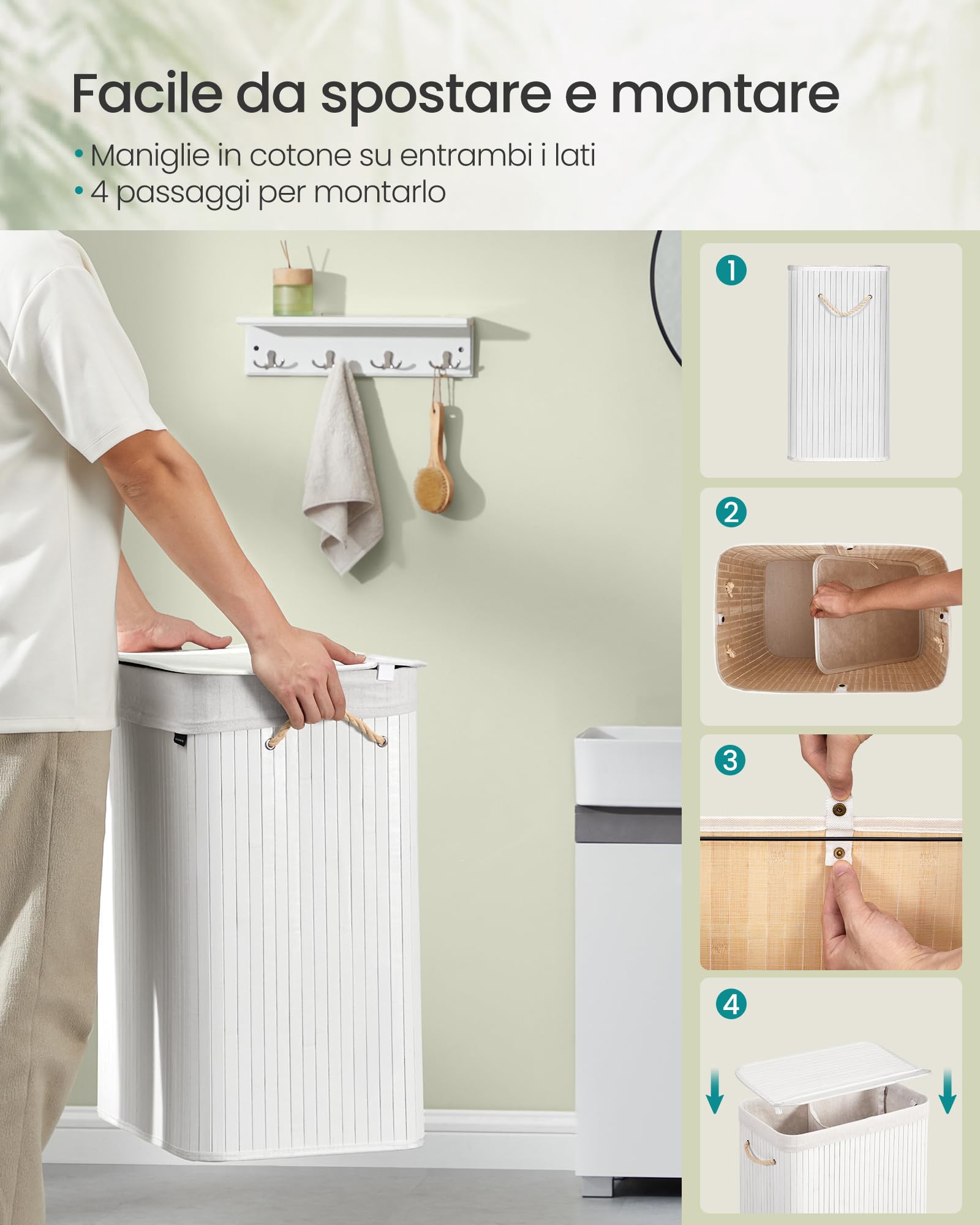 Songmics LCB64WT cesto portabiancheria bambù 100 L bianco