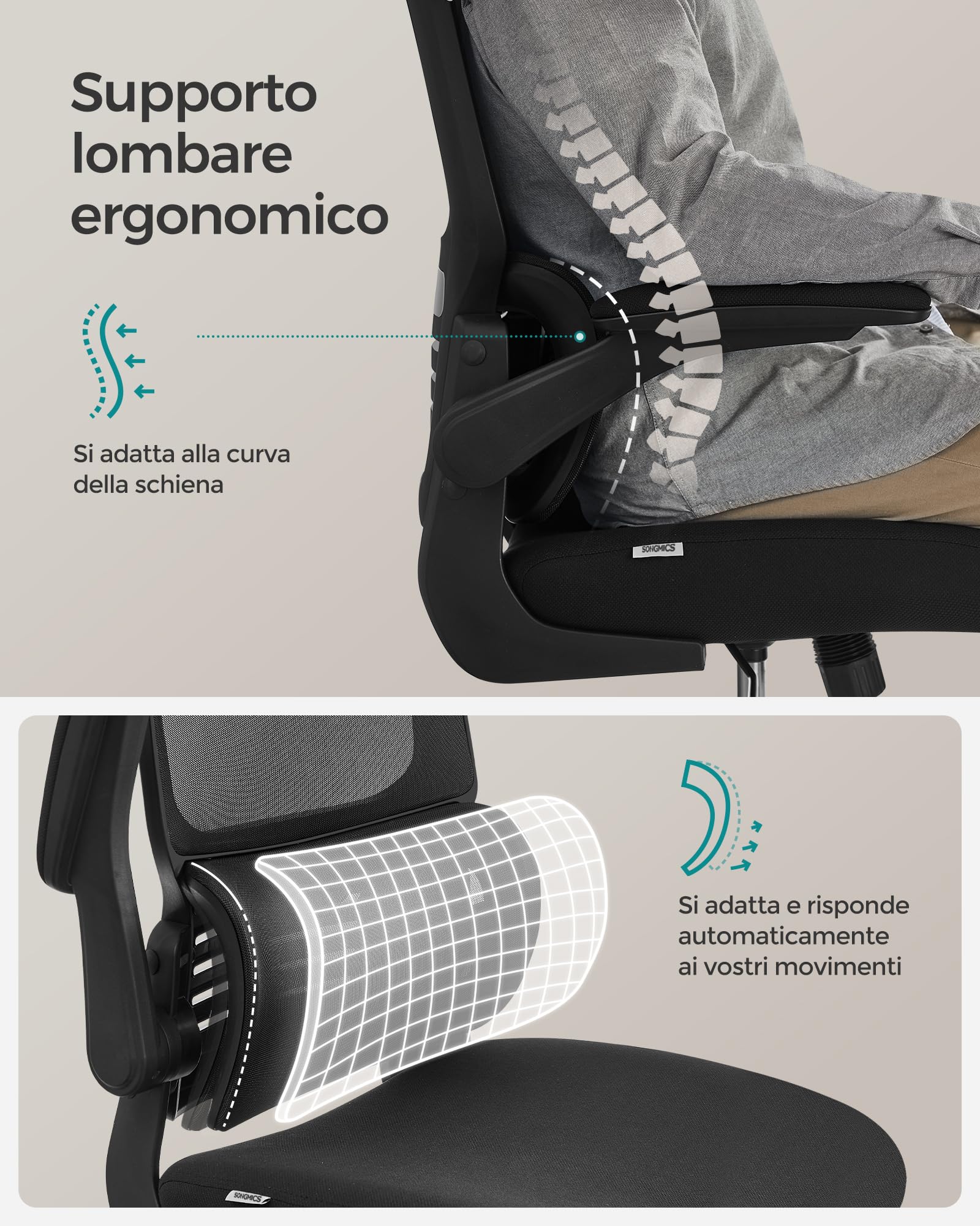 Songmics OBN040B01 Sedia Ufficio Rete Nera Ergonomica