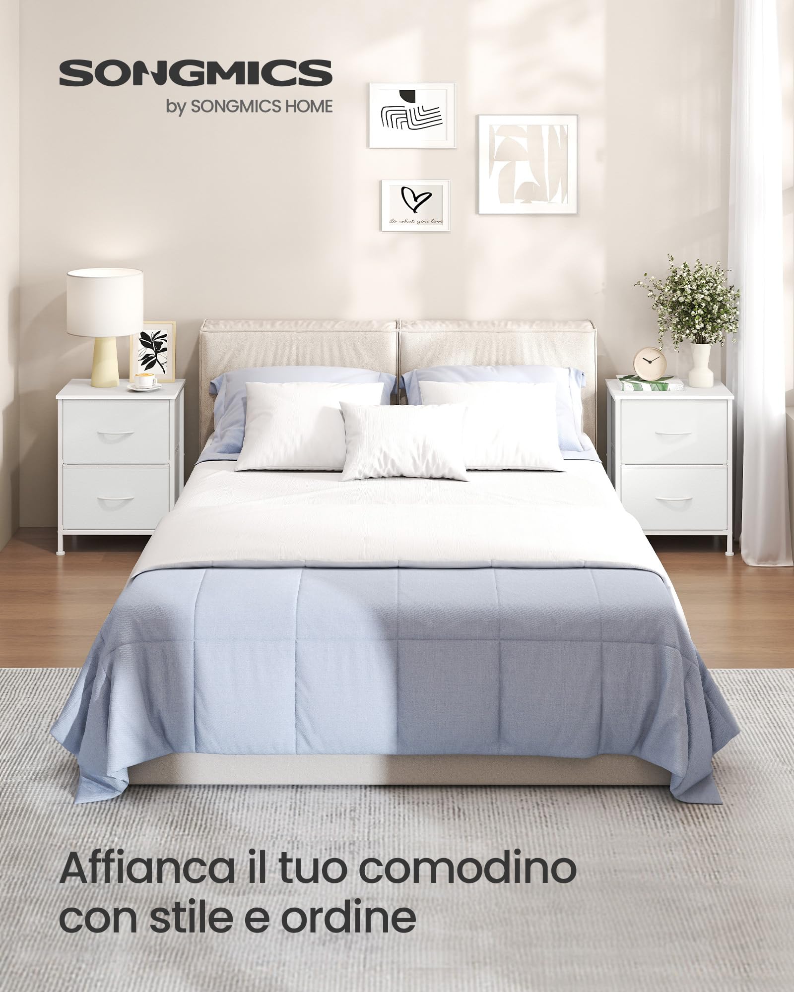 Songmics comodino 2 cassetti bianco 30x39,6x52,2 cm