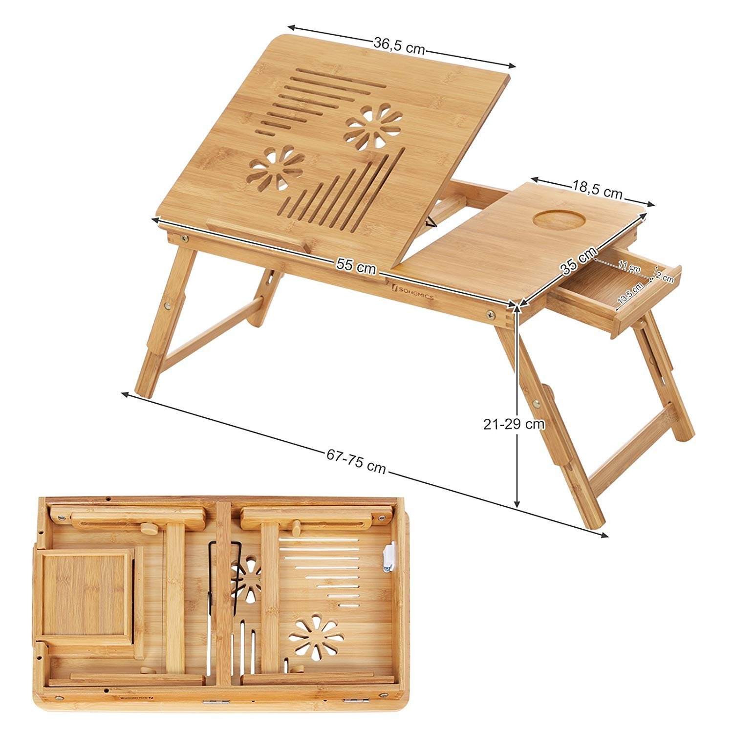 Songmics LLD002 Tavolino Laptop Bambù Pieghevole 55x35 cm