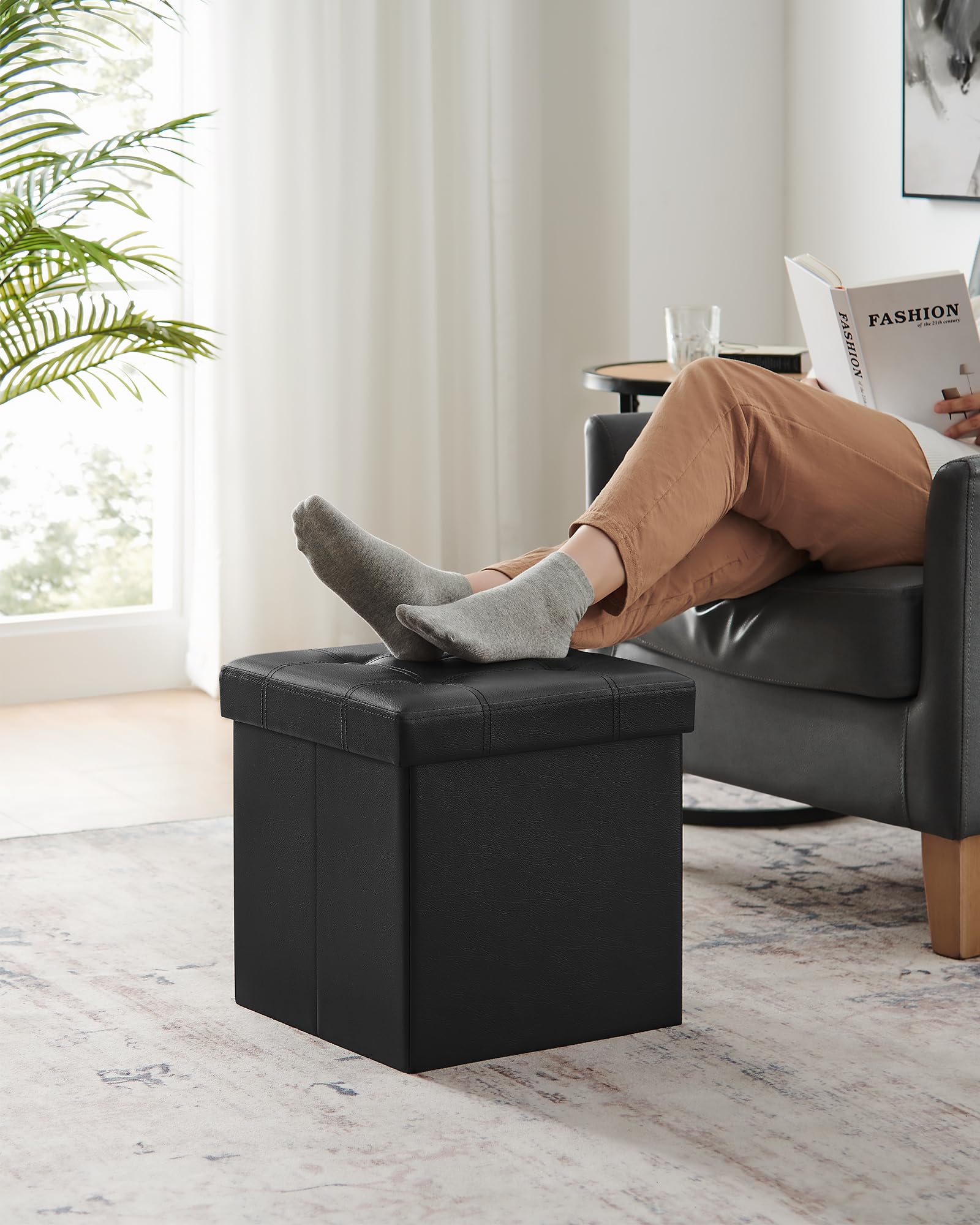 Songmics LSF30B Pouf Contenitore 38 cm Nero Pieghevole