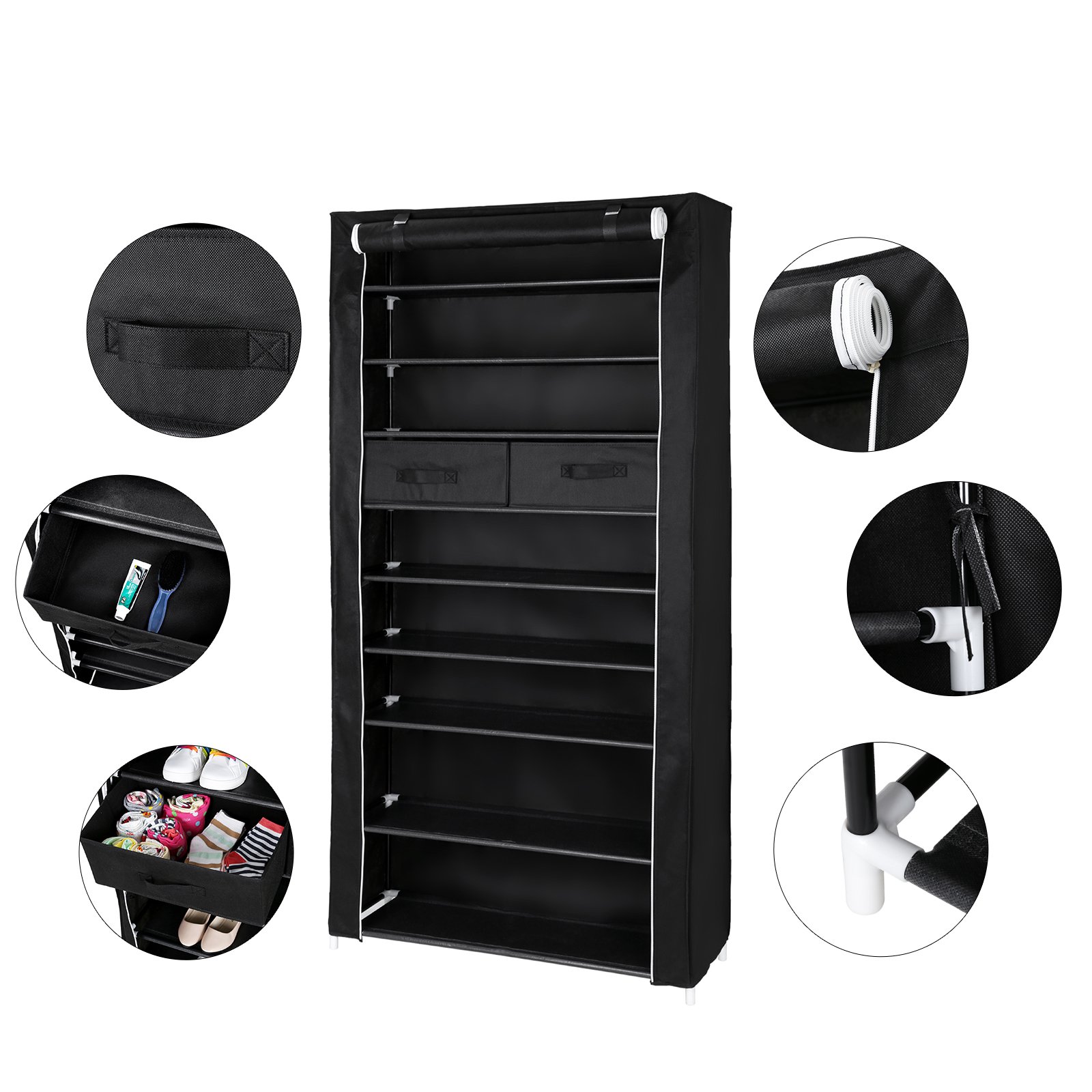 Songmics RXA10H scarpiera 10 ripiani nero 88x28x175 cm antipolvere