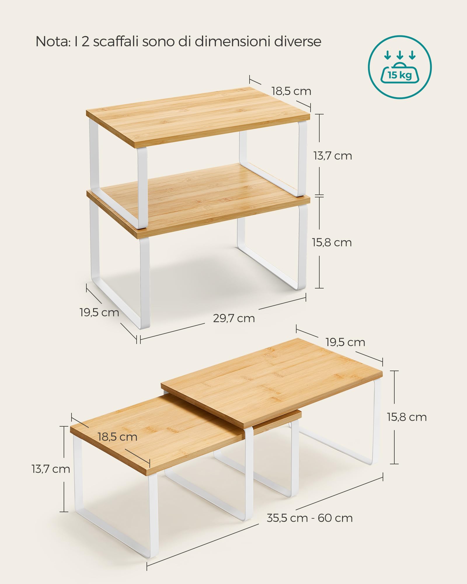 Songmics KCS02NW scaffale cucina set 2 pezzi Bianco Naturale