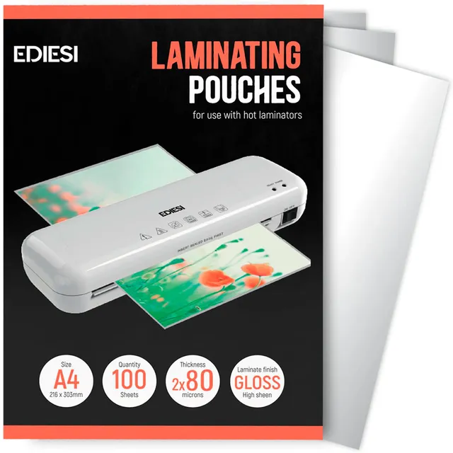 Ediesi Fogli per Plastificatrice A4 100 Pezzi Lucidi 80 Micron