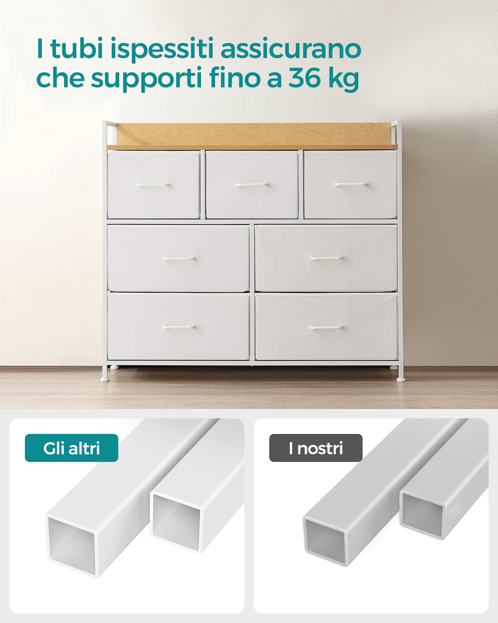 Songmics LTS523W57 Cassettiera 7 Cassetti Tessuto Bianco Nuvola