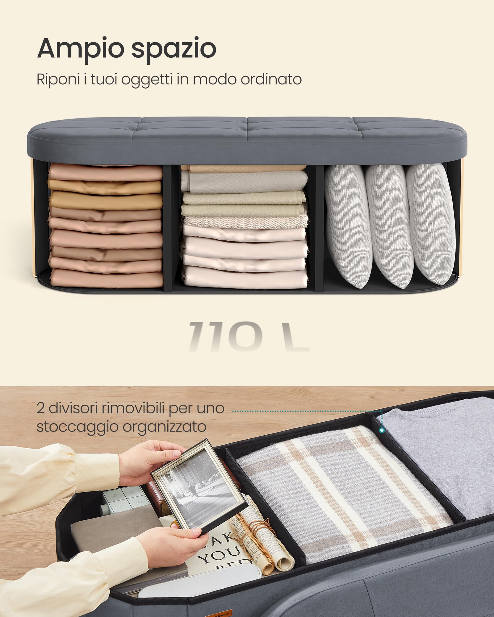 SONGMICS LSF297GN01 Pouf Contenitore Grigio Ardesia 110 L
