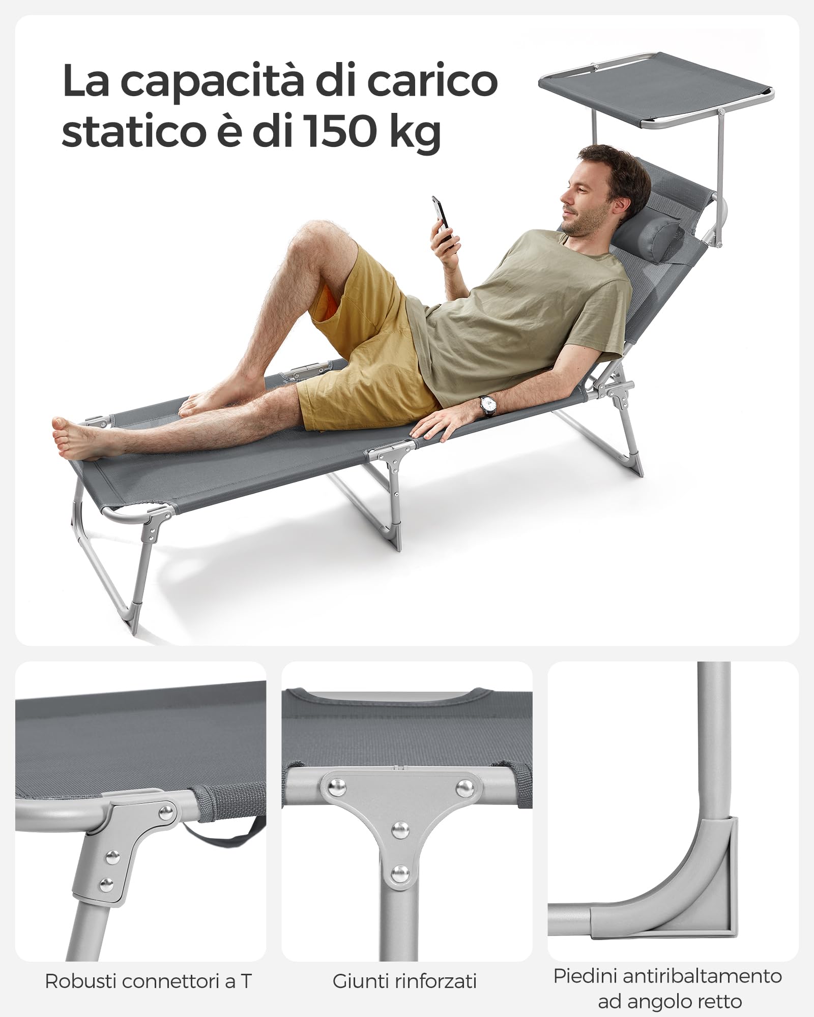 Songmics GCB19UV1 Lettino Prendisole Grigio Scuro Reclinabile