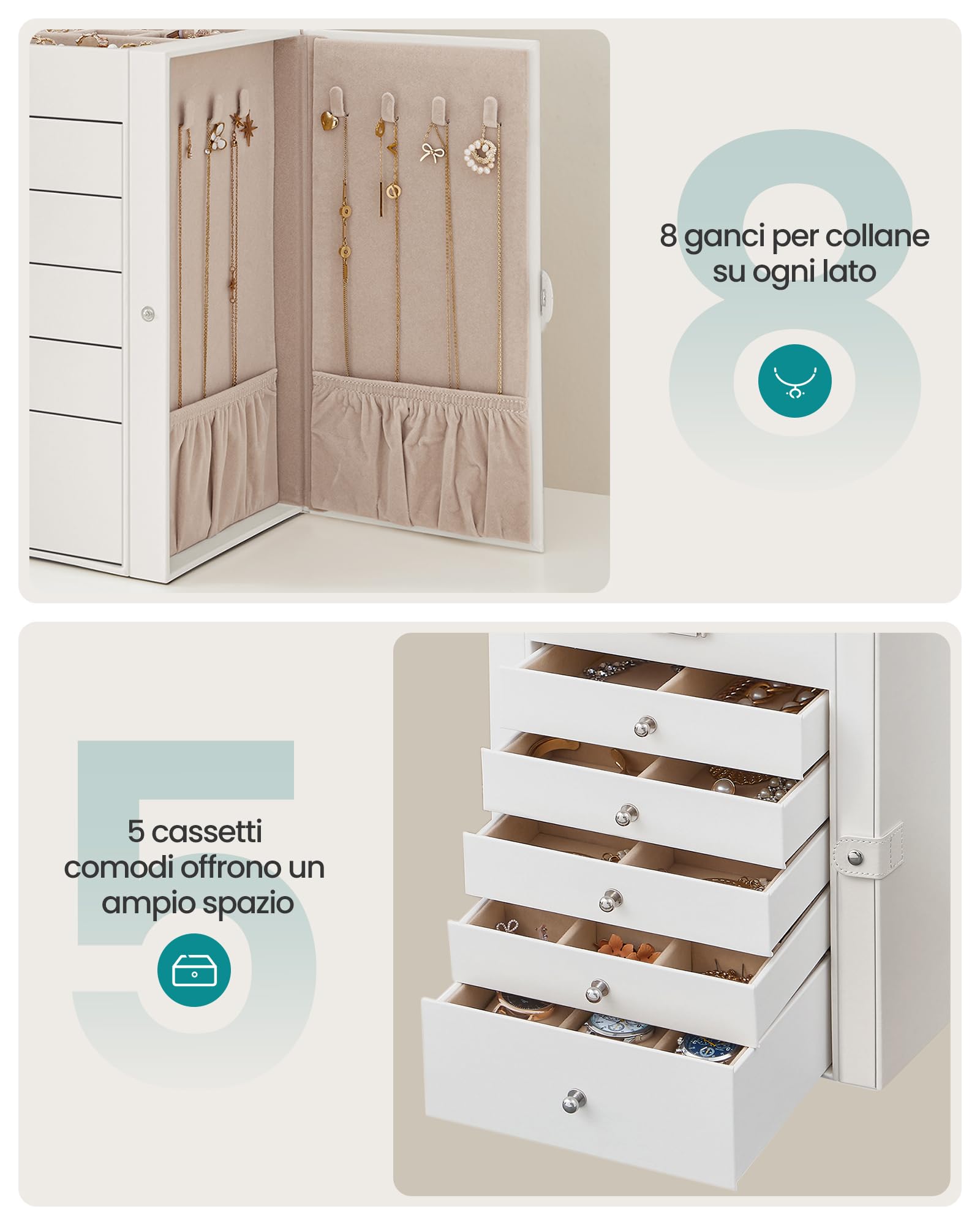 Songmics JBC152W01 scatola portagioie 6 livelli bianco con specchio