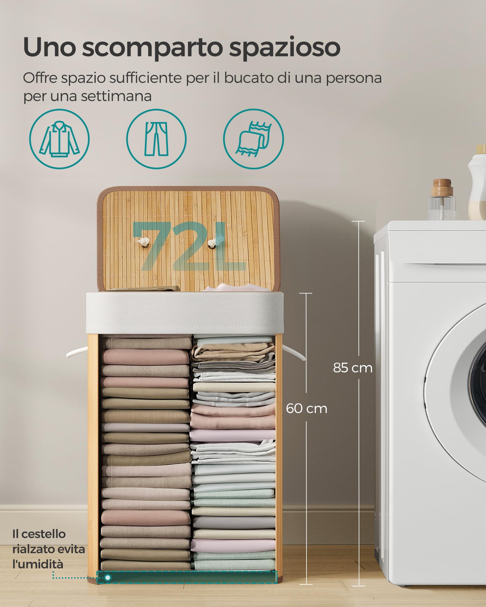 Songmics LCB10Y cesta portabiancheria 72L naturale bambù
