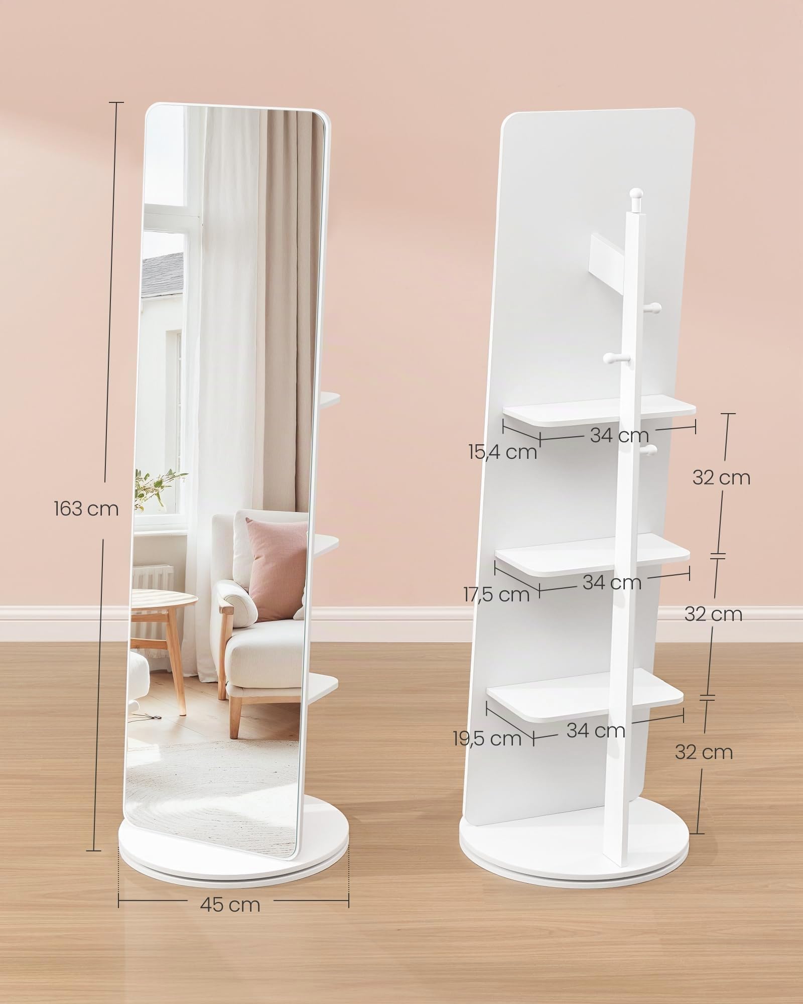 Songmics LFM036W01 specchio da terra girevole bianco 163x45 cm