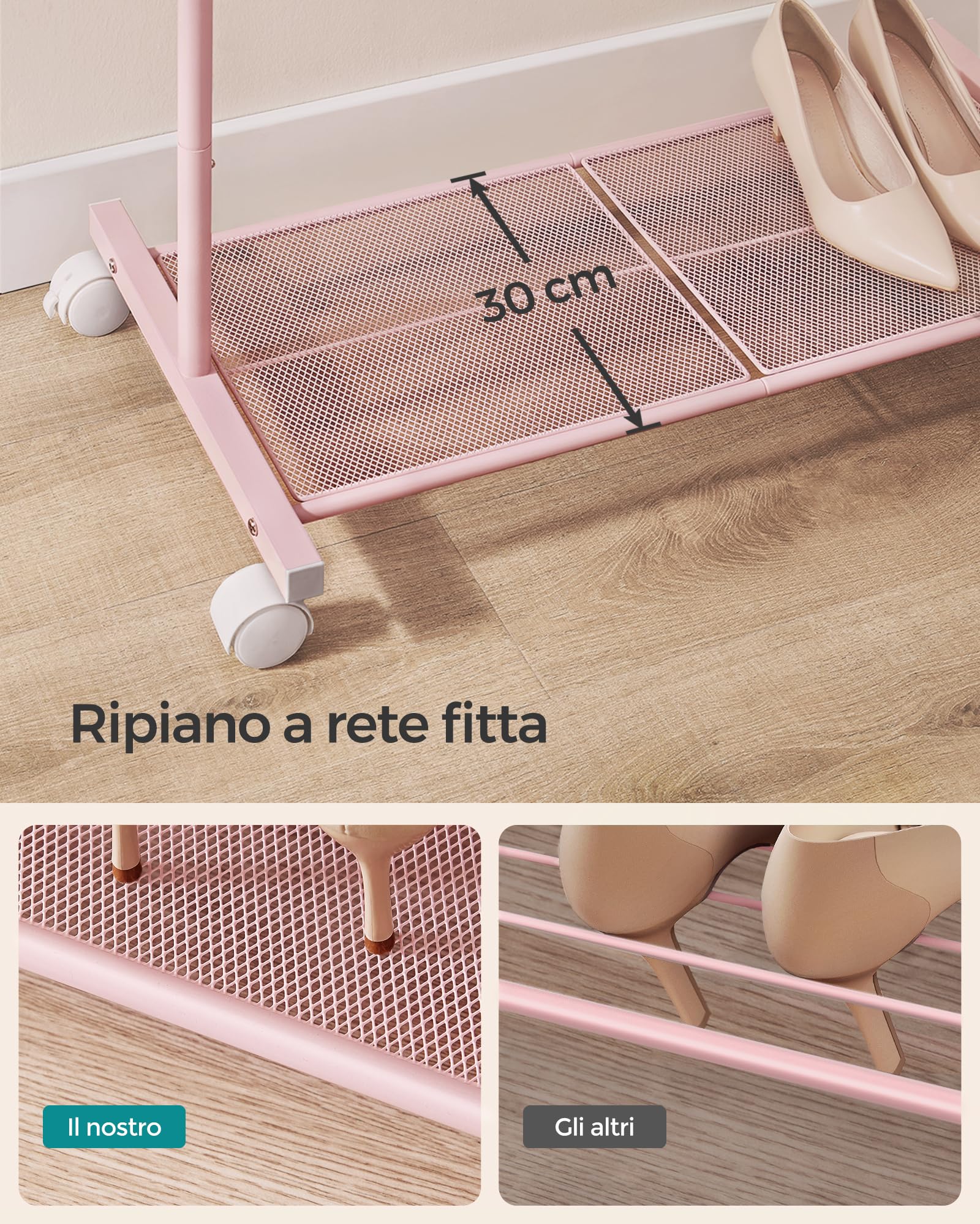 Songmics HSR130R01 stand appendiabiti ruote rosa pastello 74 cm