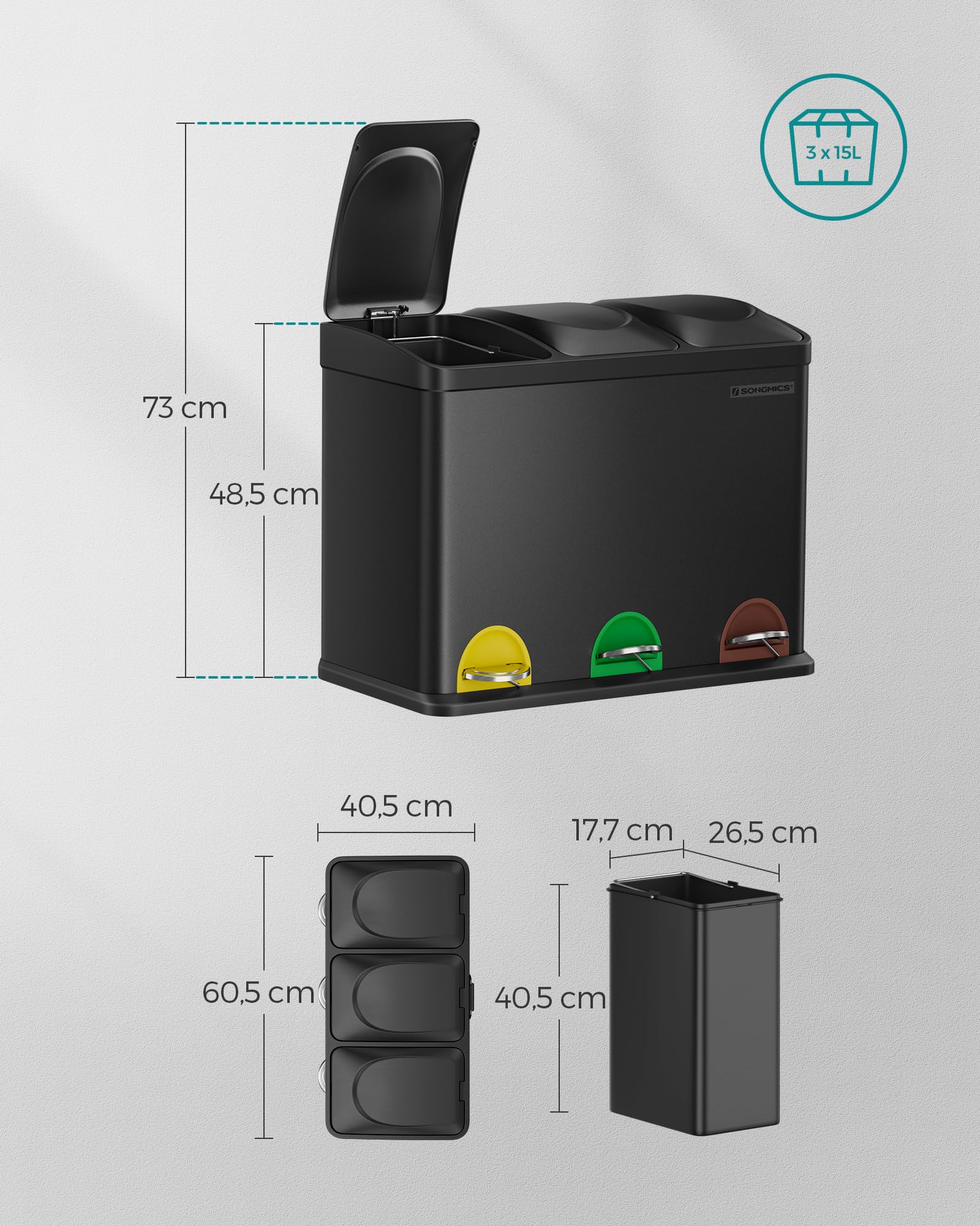 Songmics LTB45B Pattumiera 45L Acciaio Nero 3x15L Pedale