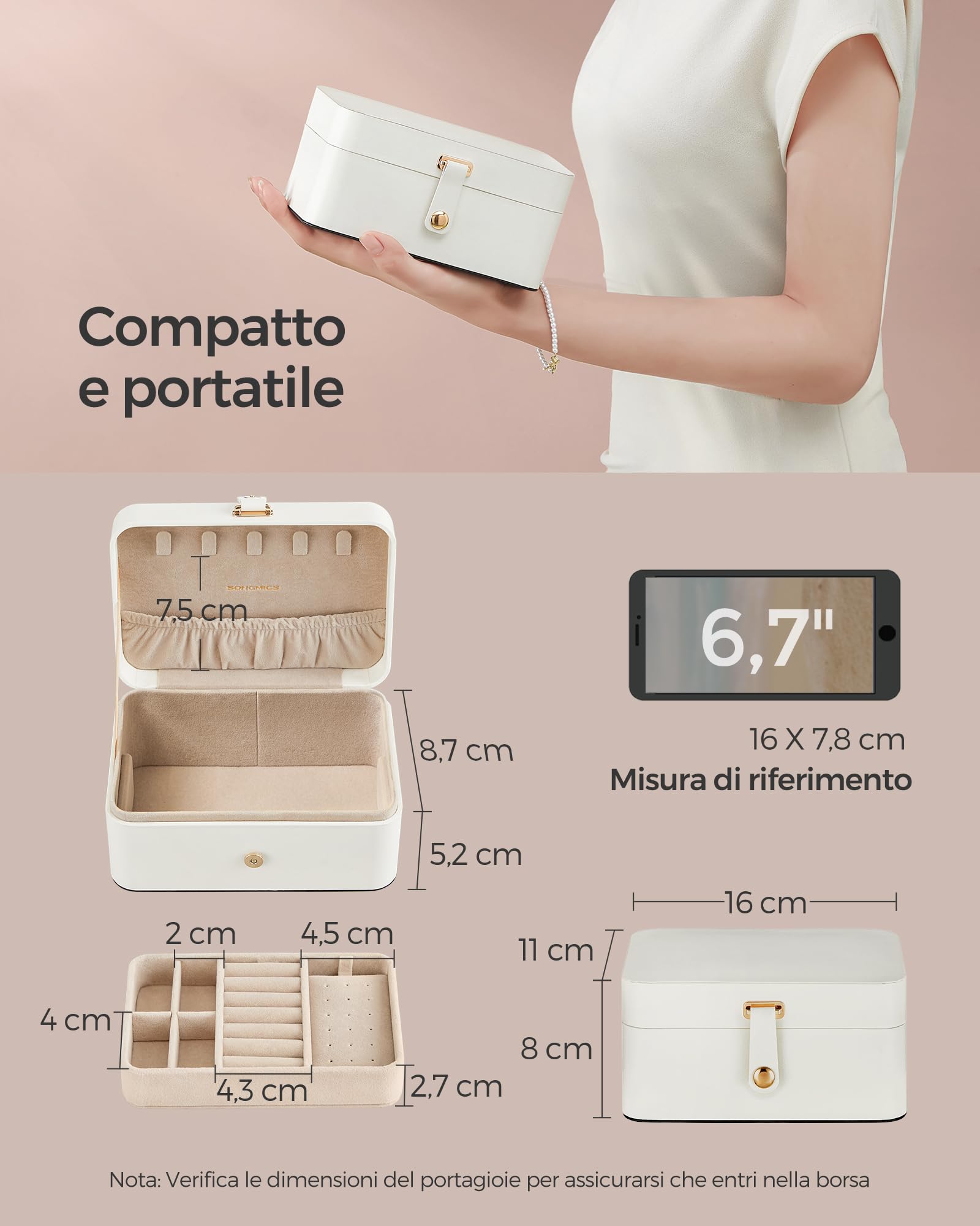 Songmics Gisella JBC166W01 portagioie viaggio bianco nuvola 2 livelli