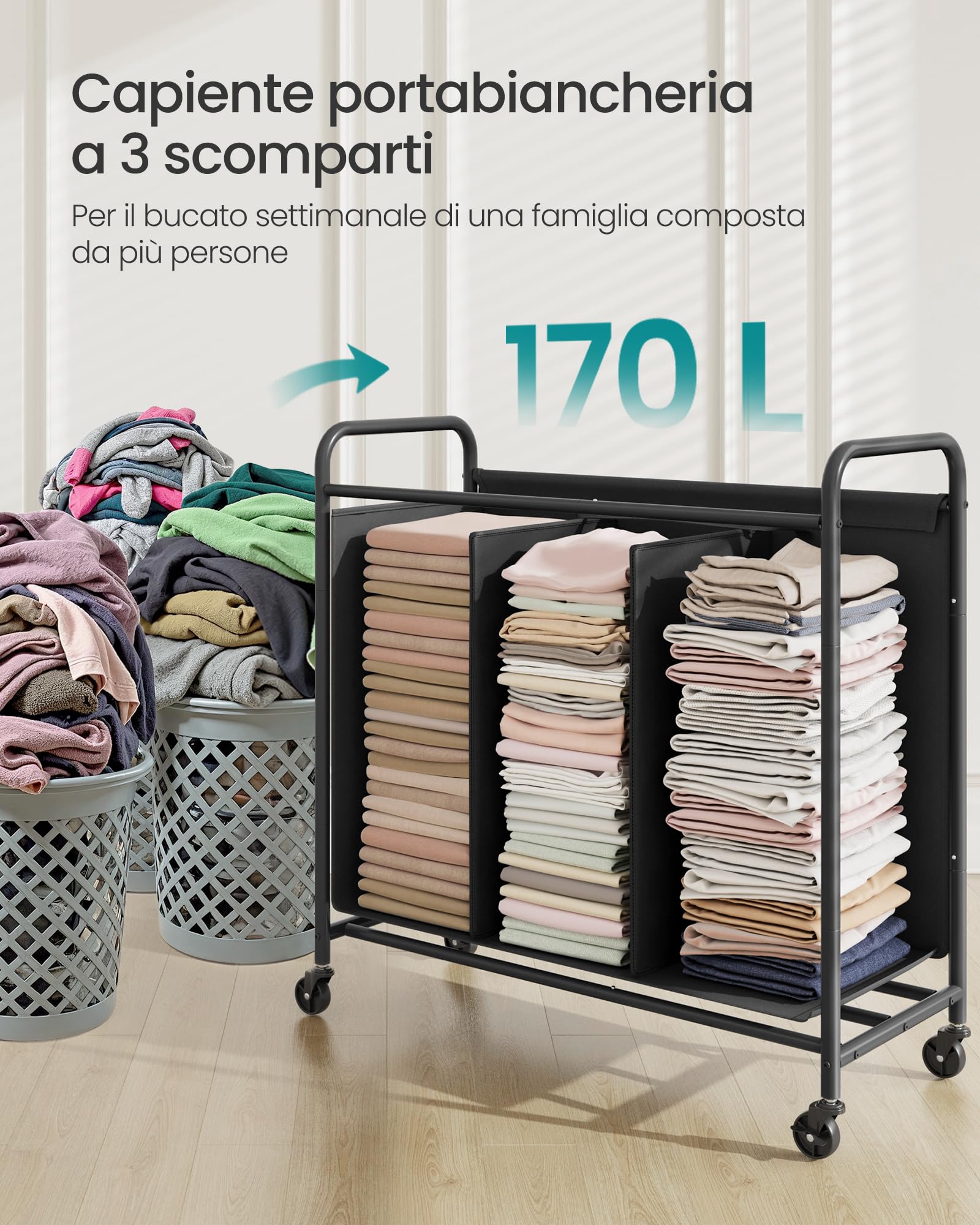 Songmics RLS330B01 carrello portabiancheria 3 scomparti 170L