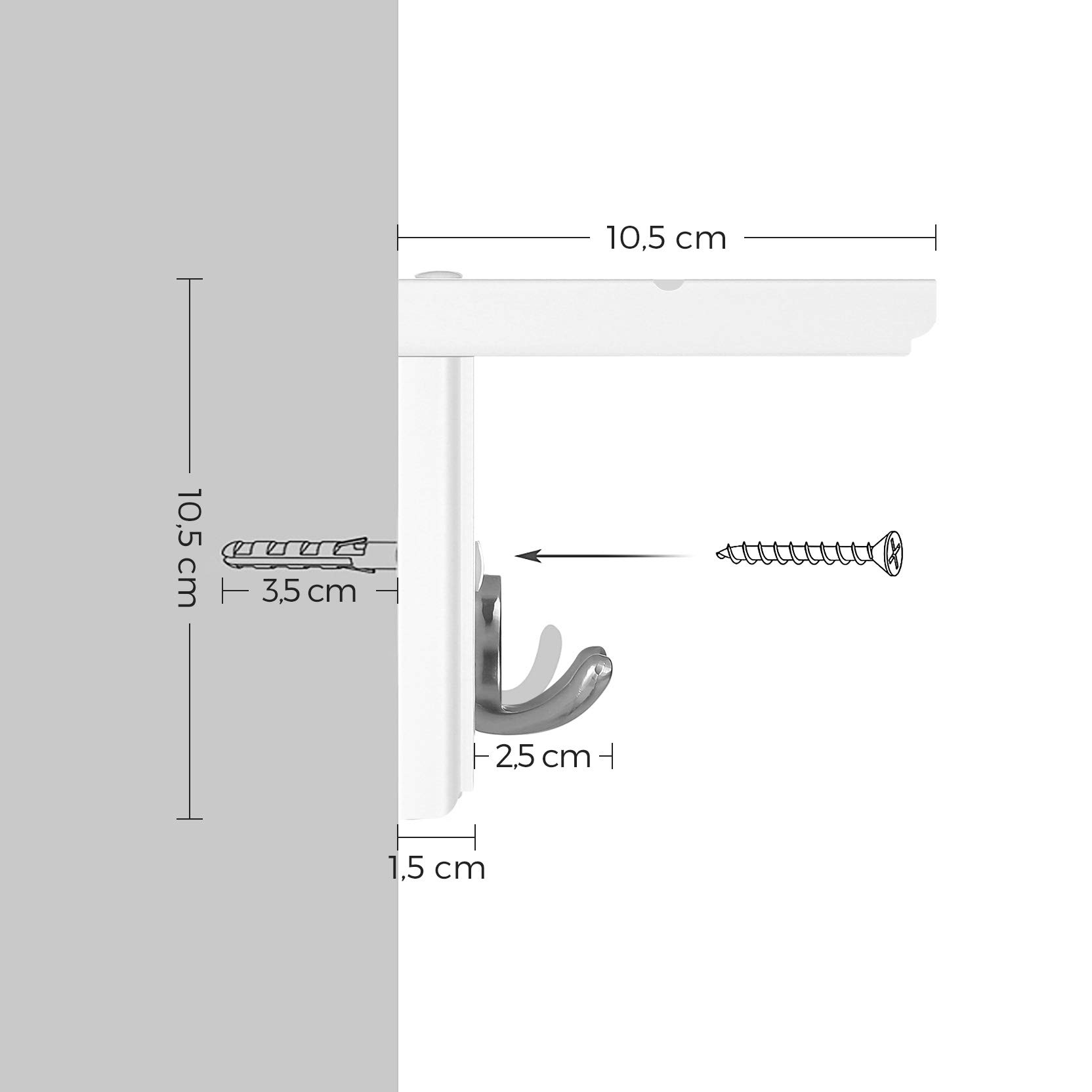 Songmics LHR42WT appendiabiti parete bianco 40 cm con mensola 4 ganci