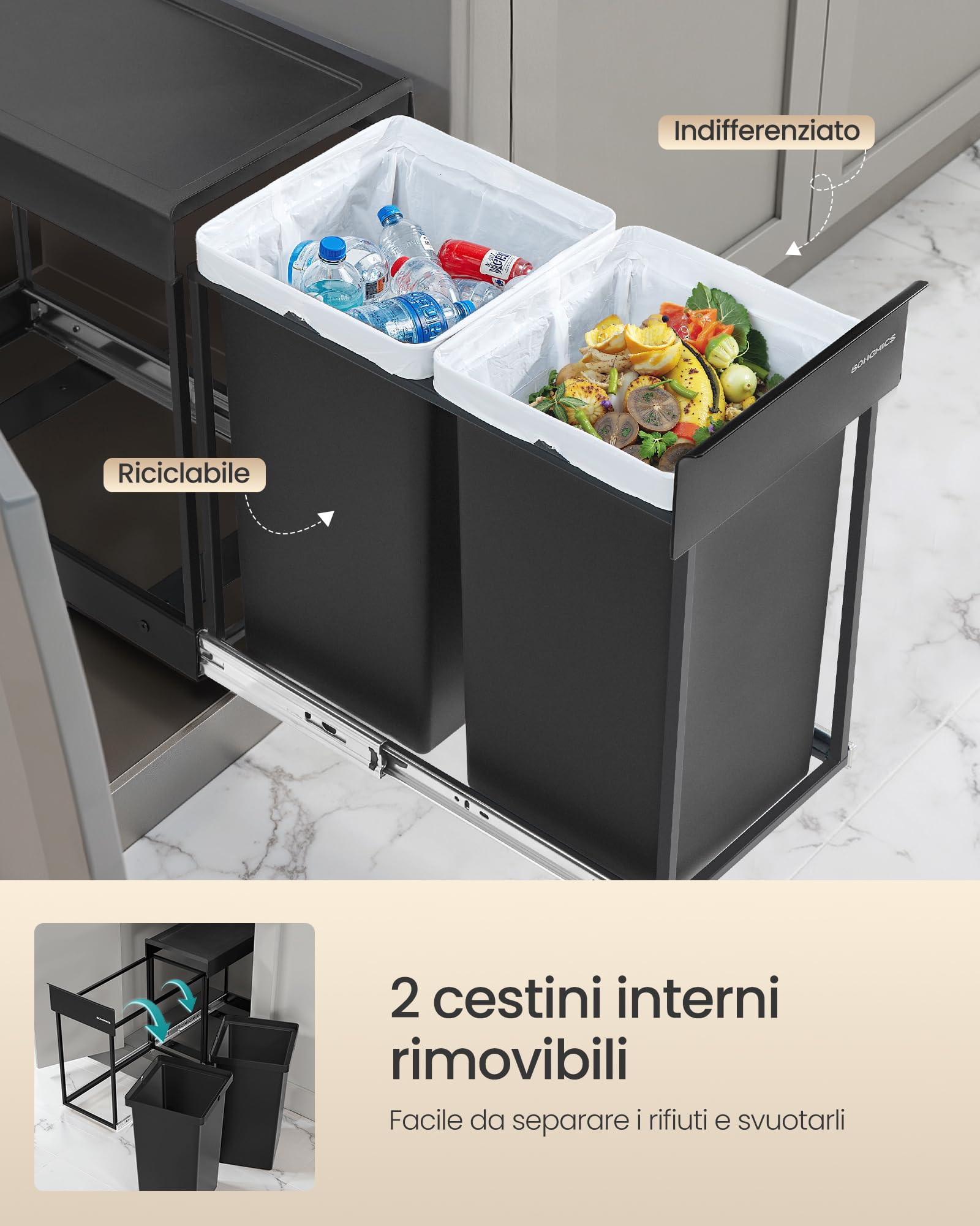 Songmics LTB950B01 pattumiera incasso 2x15 L nera differenziata