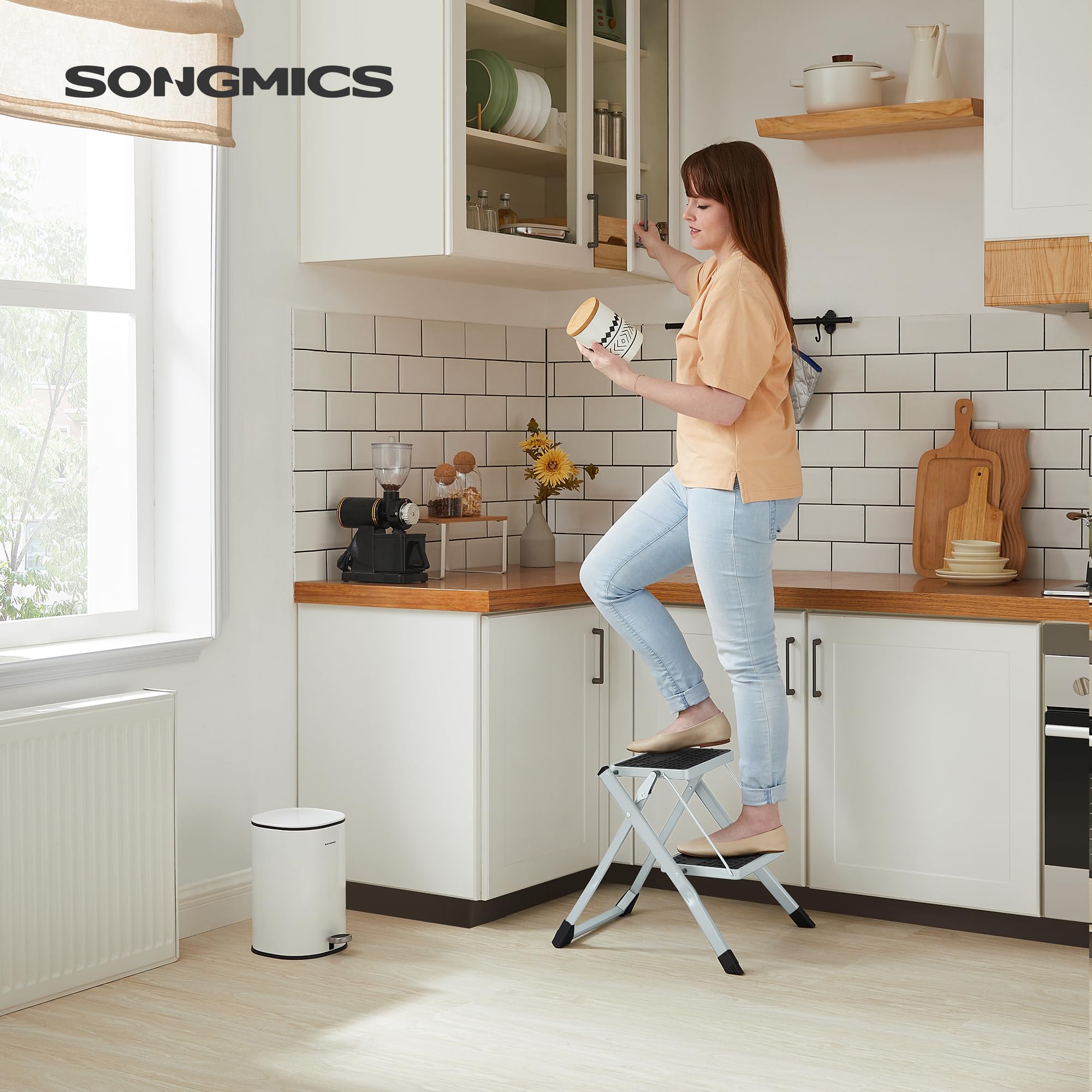 Songmics GSL02WT scaletta 2 gradini acciaio bianco nero