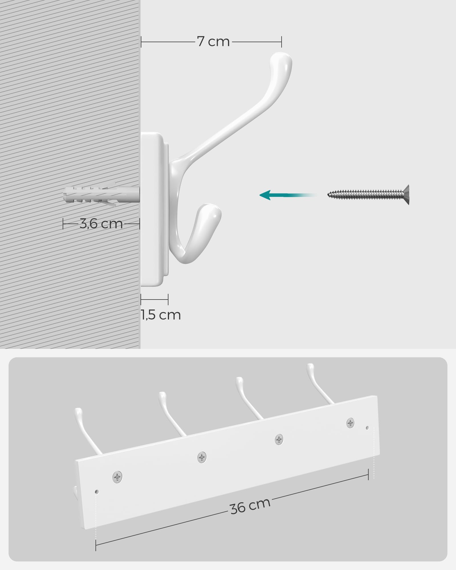 Songmics LHR30WT appendiabiti parete 4 ganci tripli bianco 40 cm
