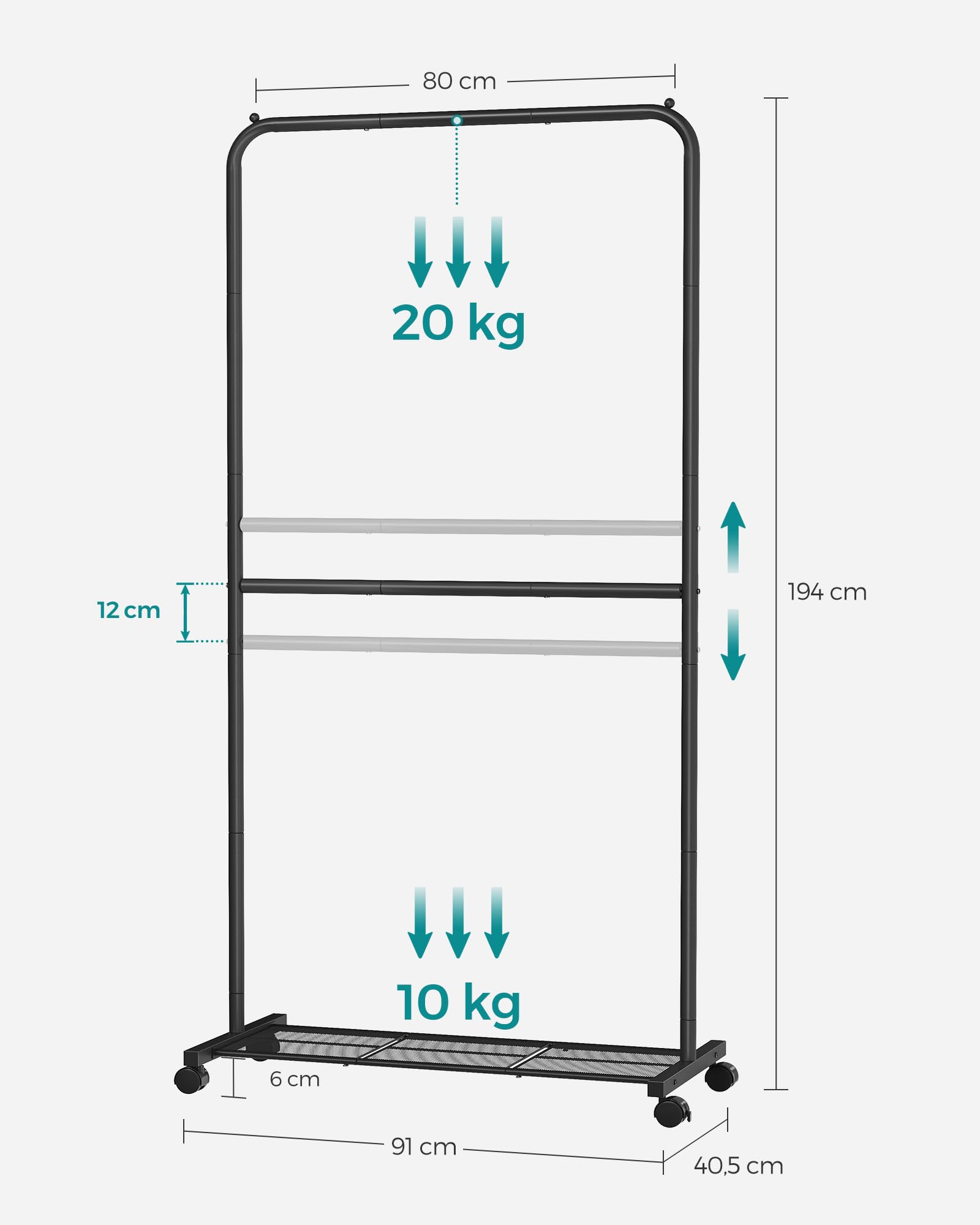 Songmics HSR027B01 stand appendiabiti doppio nero con ruote
