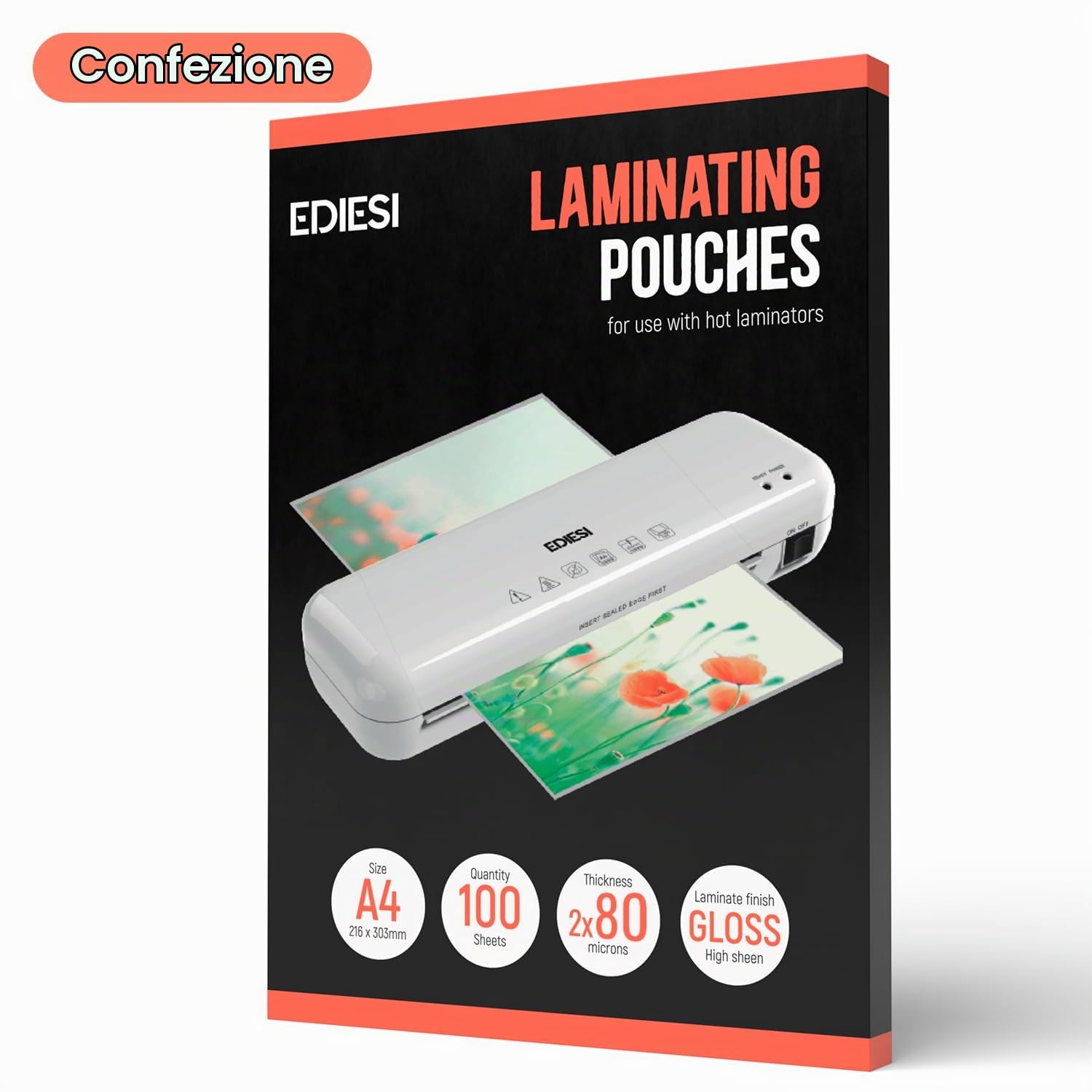 Ediesi Fogli per Plastificatrice A4 100 Pezzi Lucidi 80 Micron