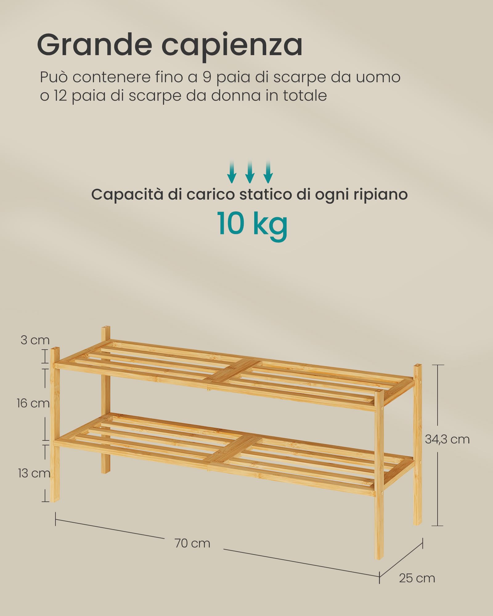 Songmics LBS052YL01 scarpiera bambù naturale 2 ripiani 70 cm