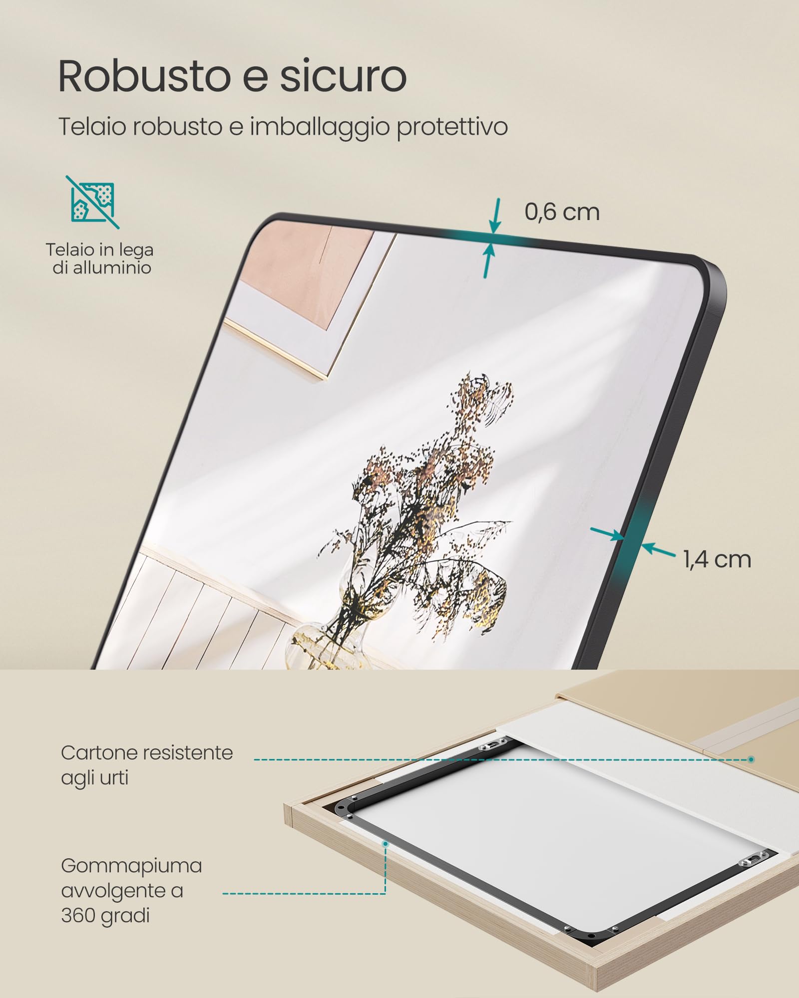 Songmics specchio figura intera rettangolare 160x50 cm nero vetro temperato