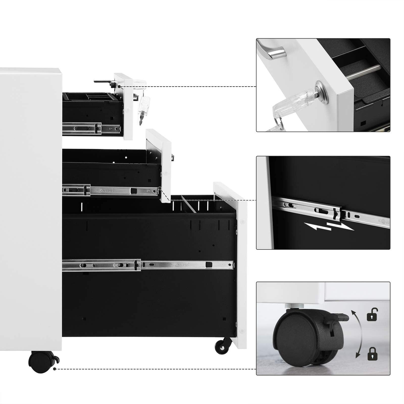 Songmics OFC010W01 cassettiera ufficio 3 cassetti bianco acciaio
