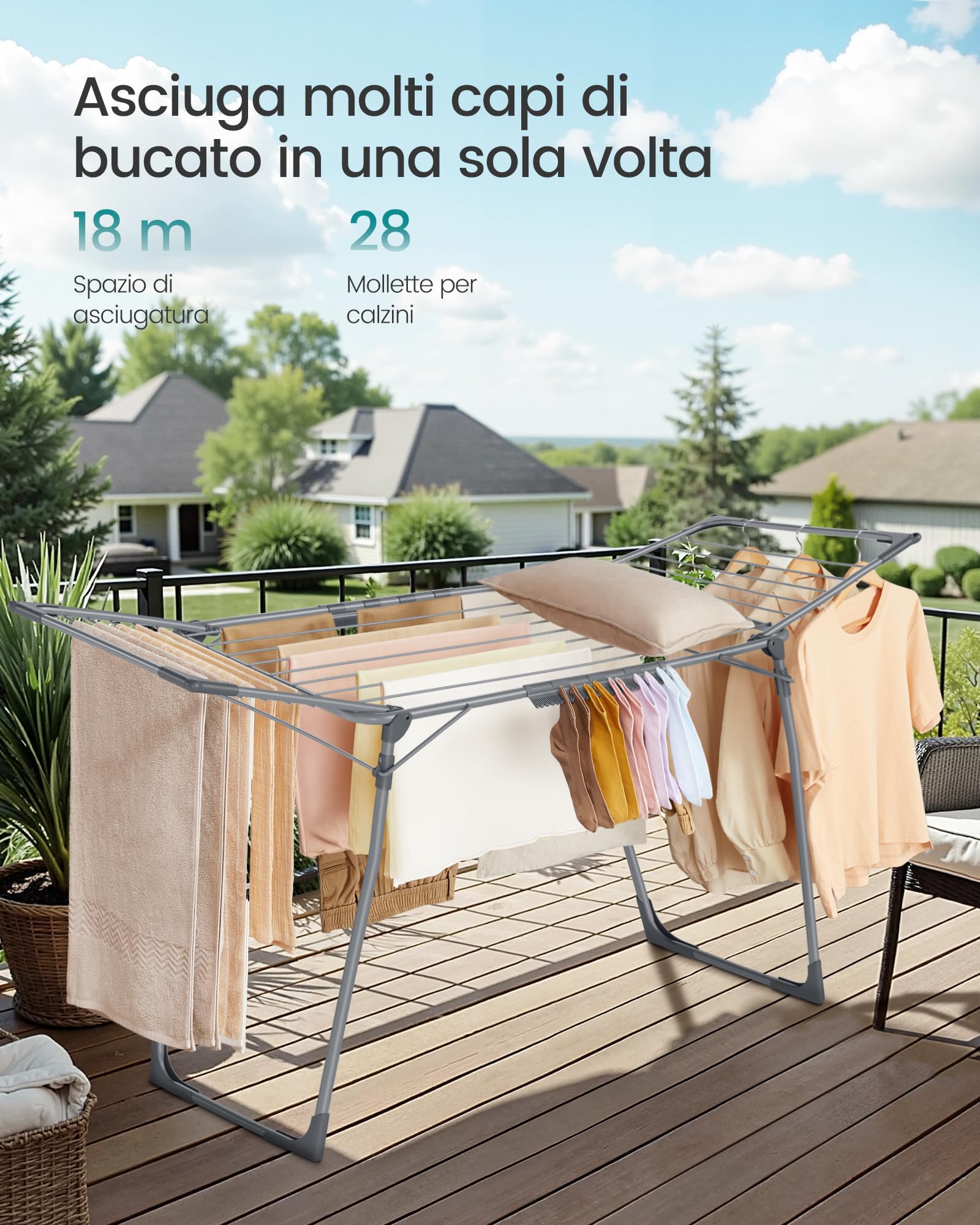 Songmics LLR518G01 stendibiancheria Grigio Tortora 18 m con ali
