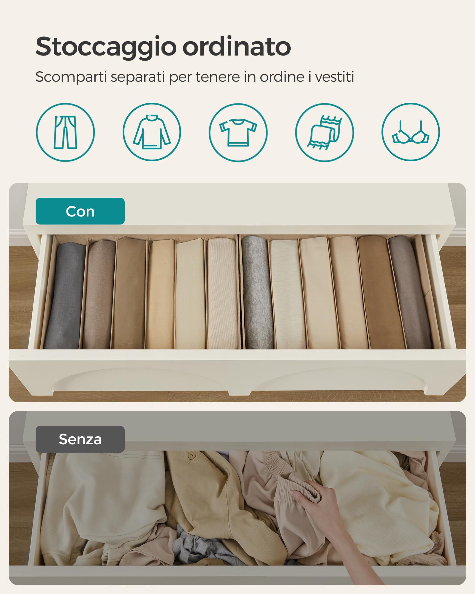 Songmics RUS009K01 set 4 organizer 6 scomparti beige sabbia