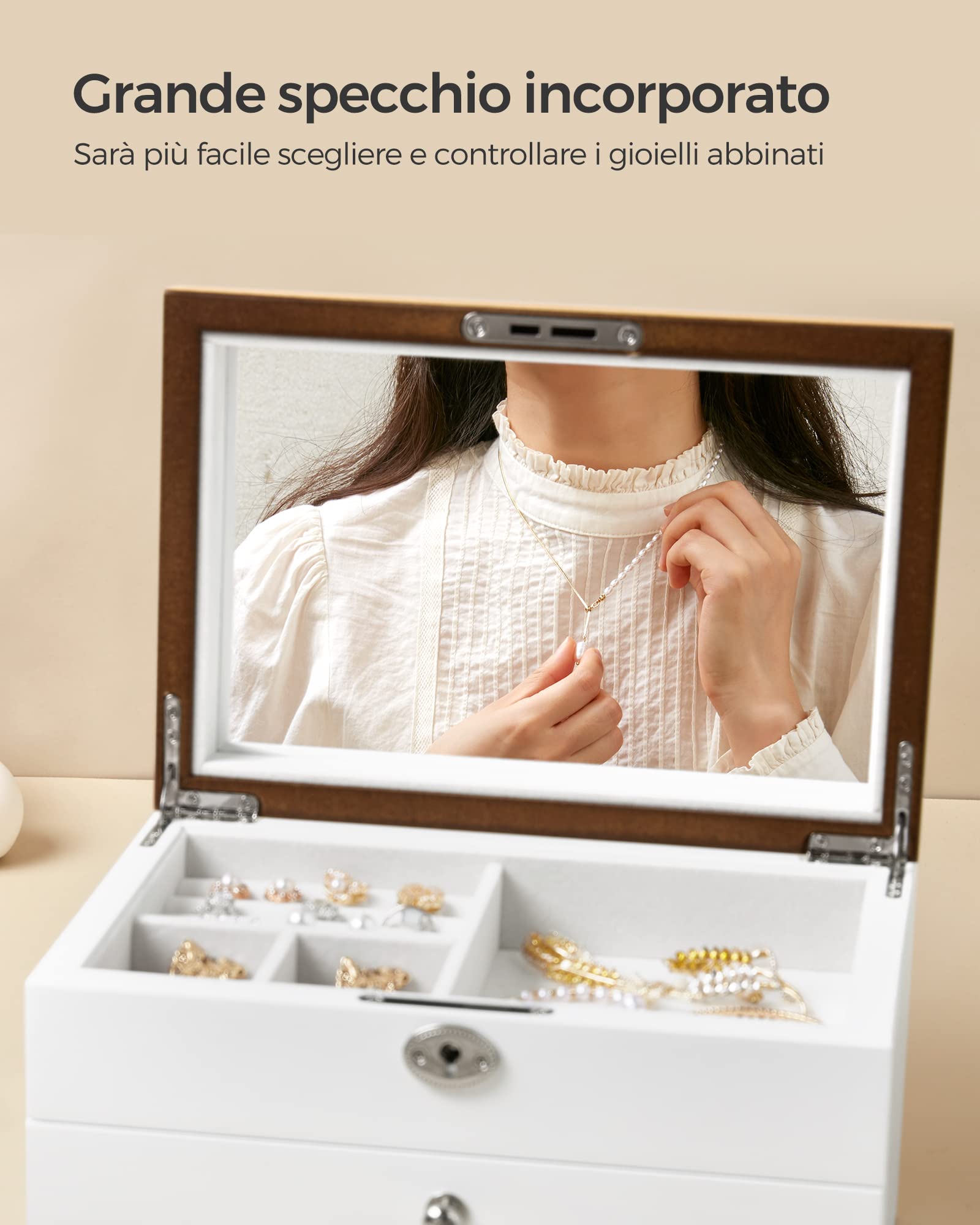 Songmics JOW15WN scatola portagioie bianco legno con specchio