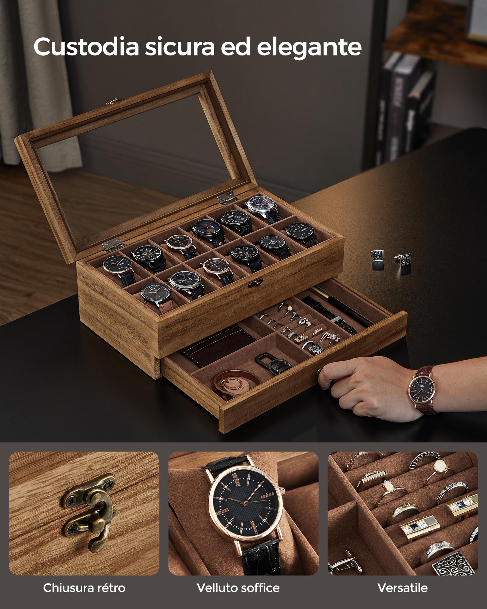 Songmics JOW012K01 scatola portaorologi 12 scomparti noce rustico