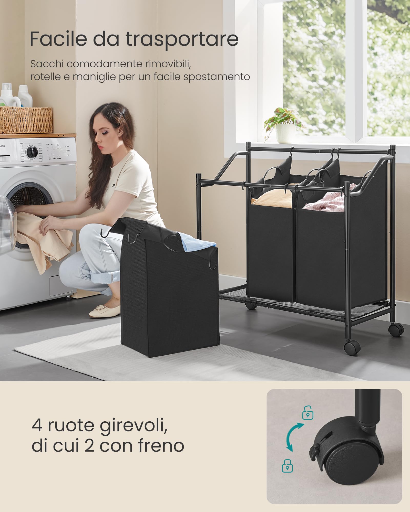 Songmics RLS102B01 carrello portabiancheria 3x45L nero con ruote