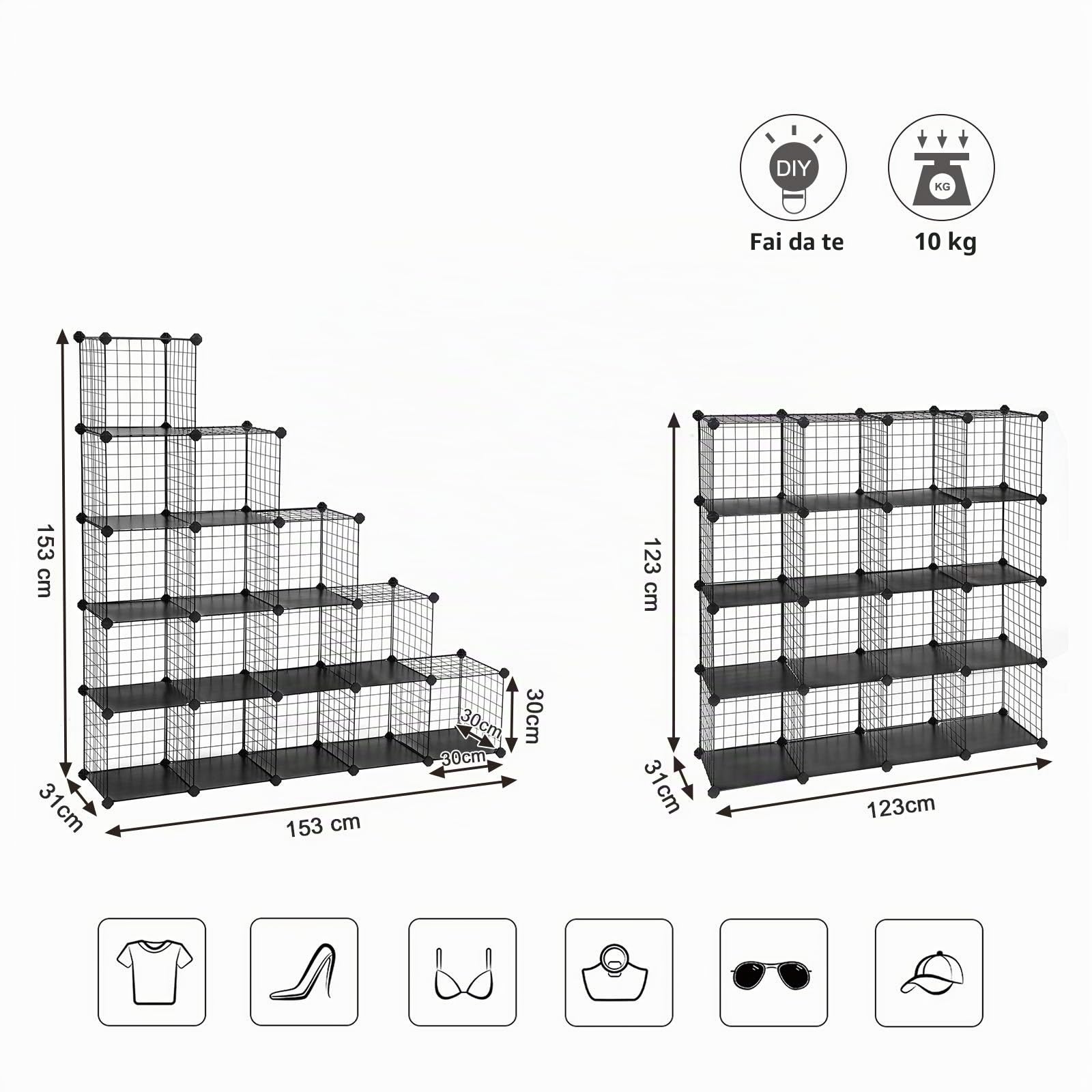 Songmics LPI44H Scaffale 16 Cubi 123cm Nero Componibile