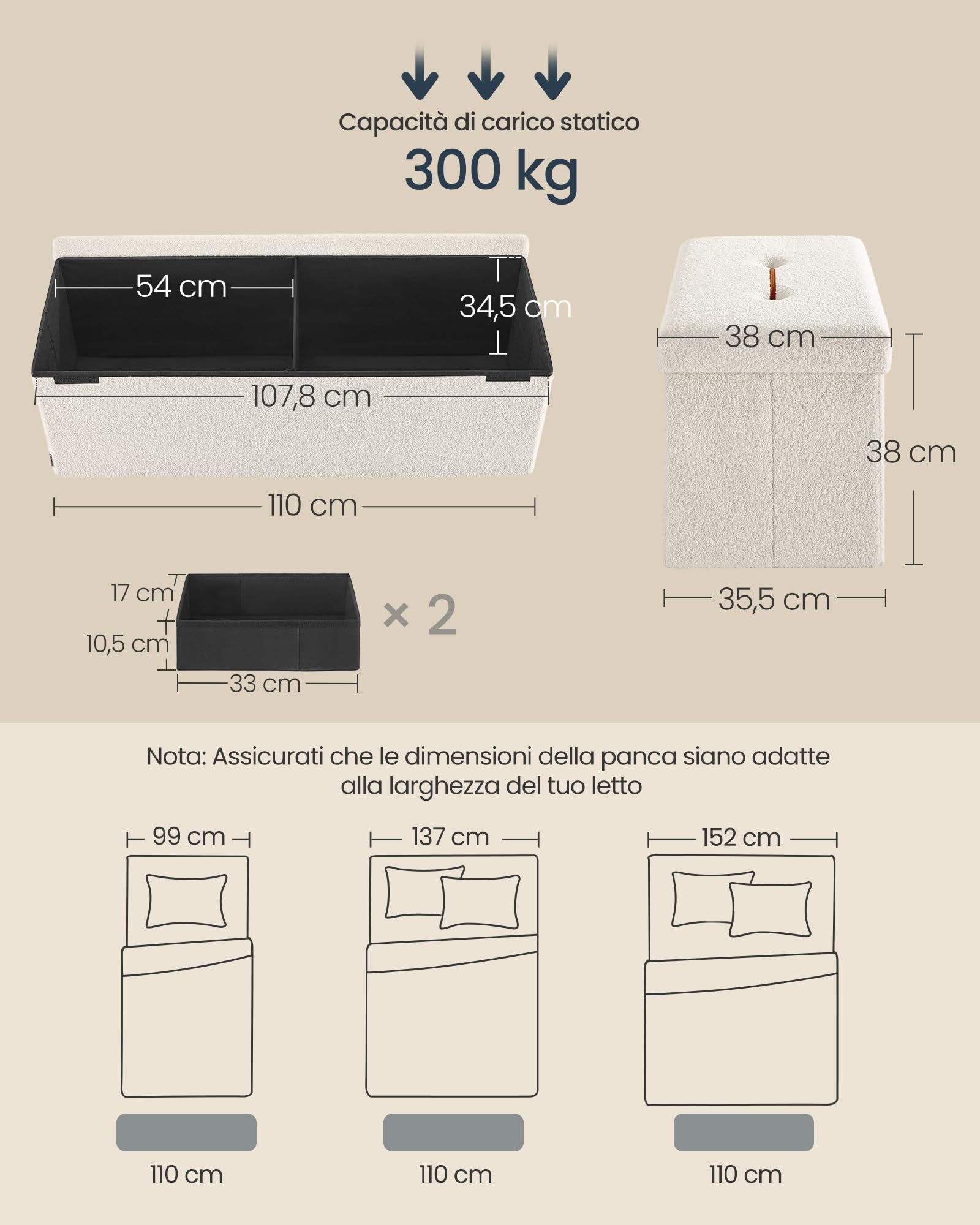 Songmics LSF097W01V1 pouf contenitore bianco crema 110 cm