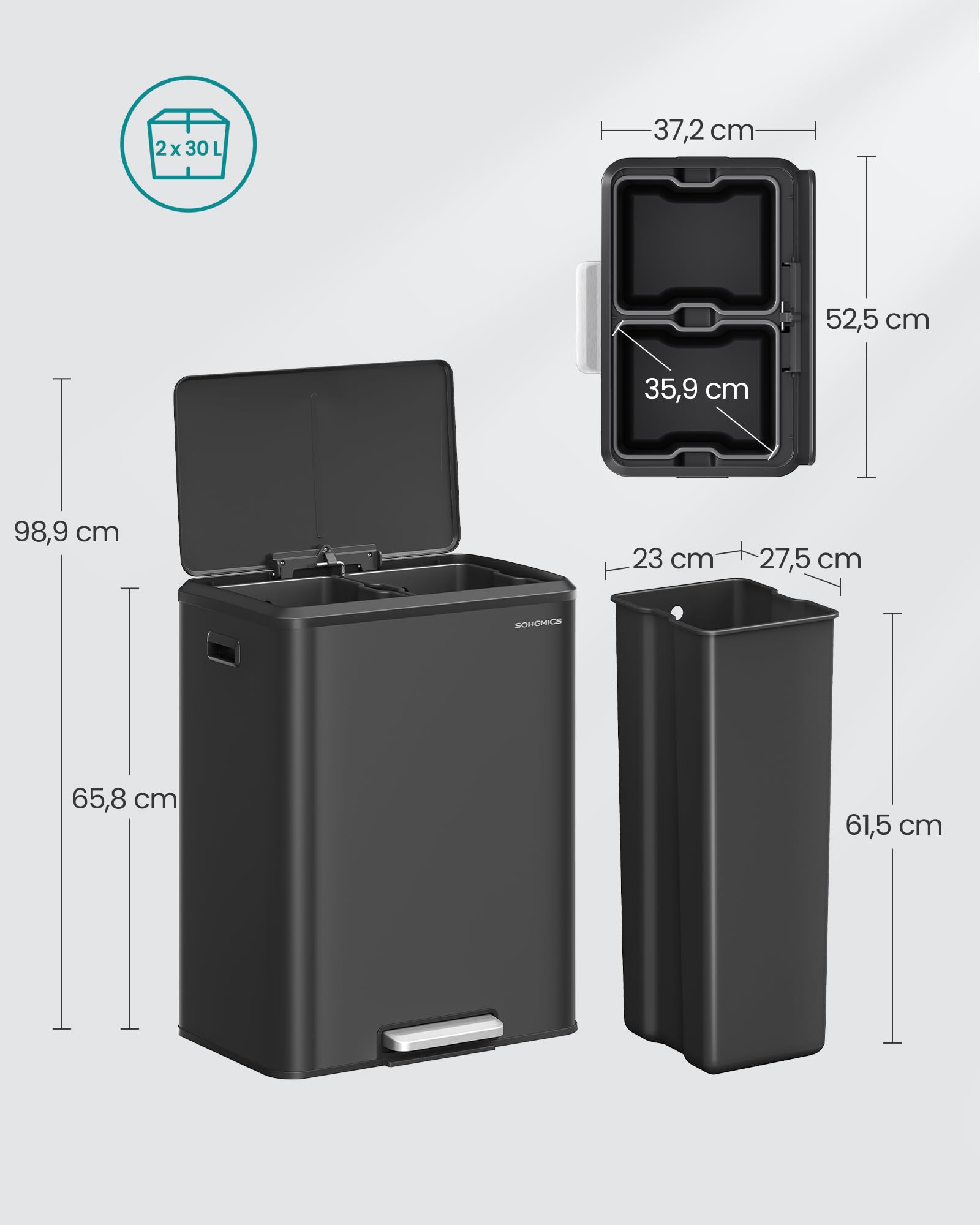 Songmics LTB556B02 pattumiera doppia 2x30 L nero inchiostro acciaio