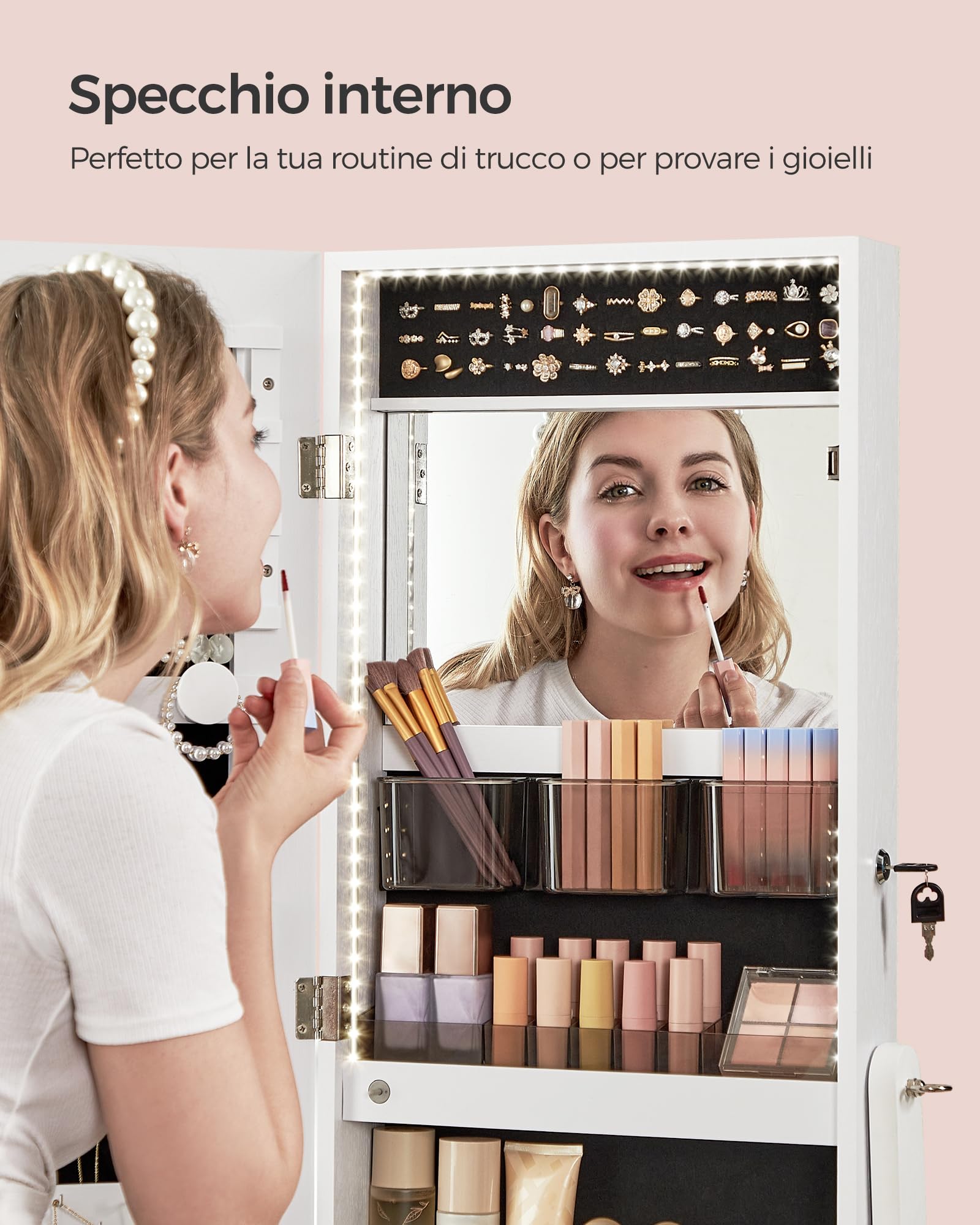 Songmics JJC023W01 specchio portagioie da terra LED bianco