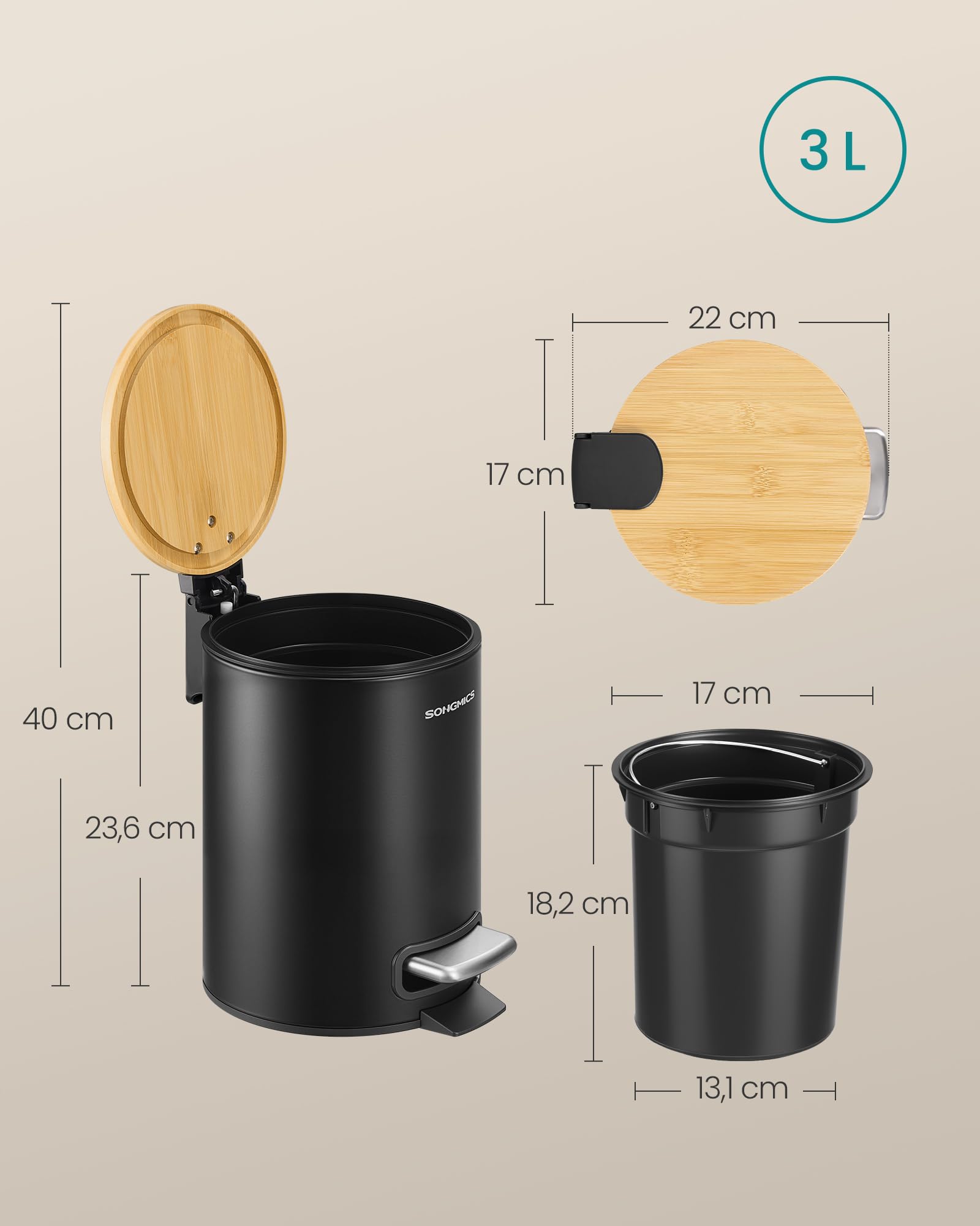 Songmics LTB113BZ01 pattumiera bagno nero 3 L bambù