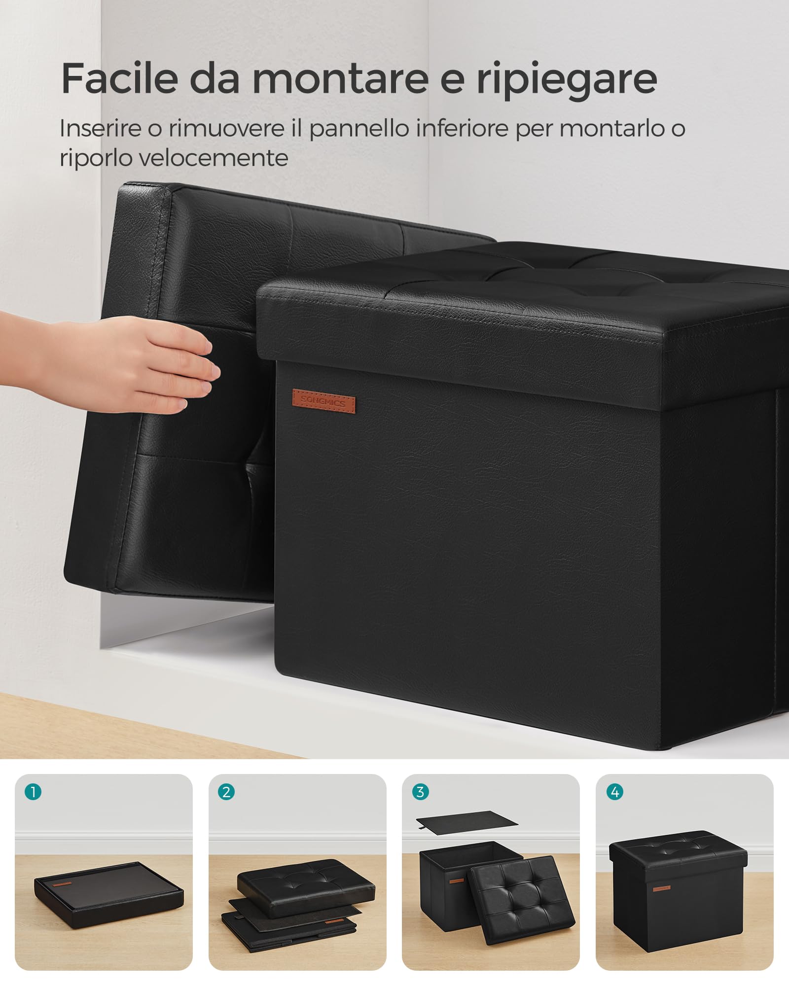Songmics Pouf Contenitore Pieghevole 32L Nero 31x41x31 cm