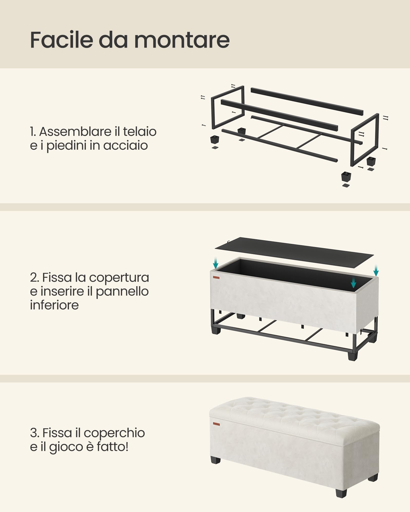 Songmics LSF089W01 cassapanca pouf bianco crema 110 cm velluto